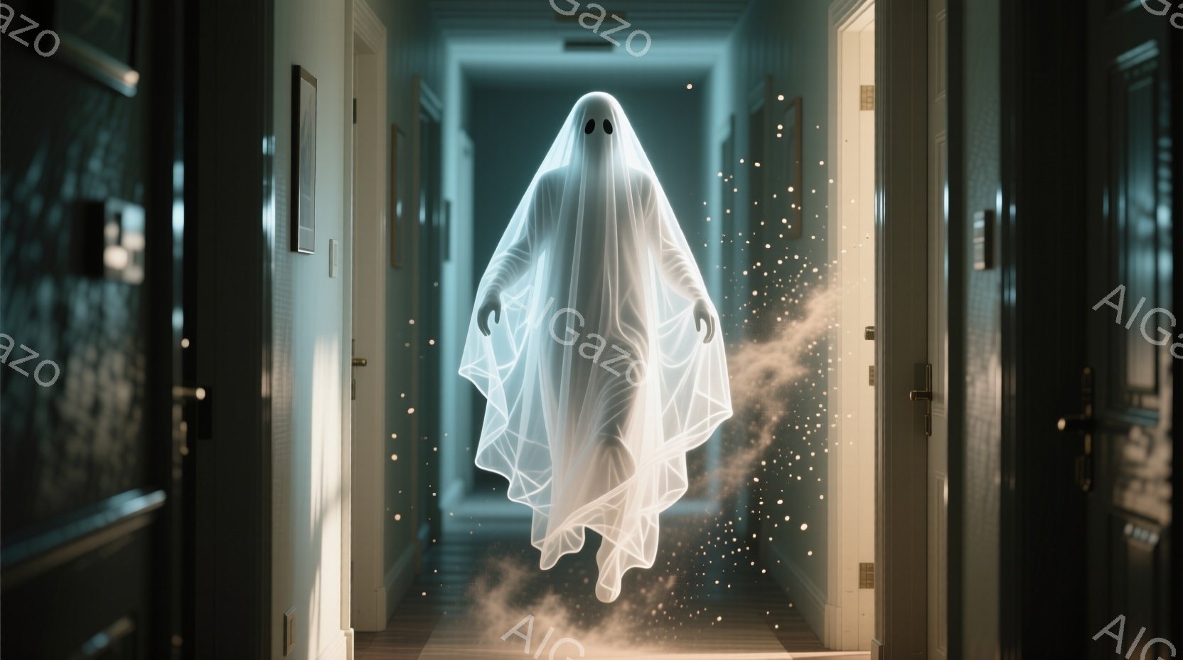 白い幽霊のような姿が、廊下の中央で浮遊している。幽霊は白い布で覆われており、顔には黒い目の穴が開いているだけで表情は読み取れない。廊下は薄暗く、両側にドアが並び、下部にはぼんやりとした霧が漂っている、不気味な雰囲気が漂っている。