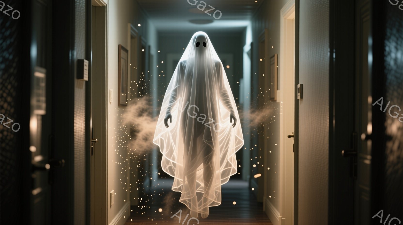 白い布で覆われた幽霊のような姿が、廊下の中心で浮遊している。幽霊の周りには微かな光の粒子が漂い、不気味な雰囲気を醸し出している。廊下の壁には絵画が飾られ、ドアが等間隔に並んでいるが、全体的に暗く、少し不気味な印象を与える。