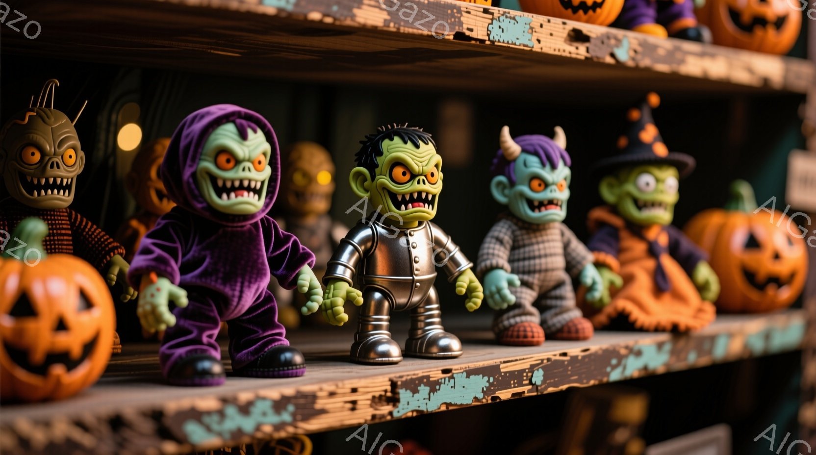 ハロウィーンをテーマにしたフィギュアが棚に並んでいる。それぞれがモンスターをモチーフにしており、紫色の衣装を着たもの、フランケンシュタイン風のロボット、緑色の肌と角を持つモンスター、そして魔女帽子をかぶったモンスターなどがいる。背景にはオレンジ色のカボチャが置かれ、少し古びた棚が全体的にハロウィーンの雰囲気を盛り上げている。