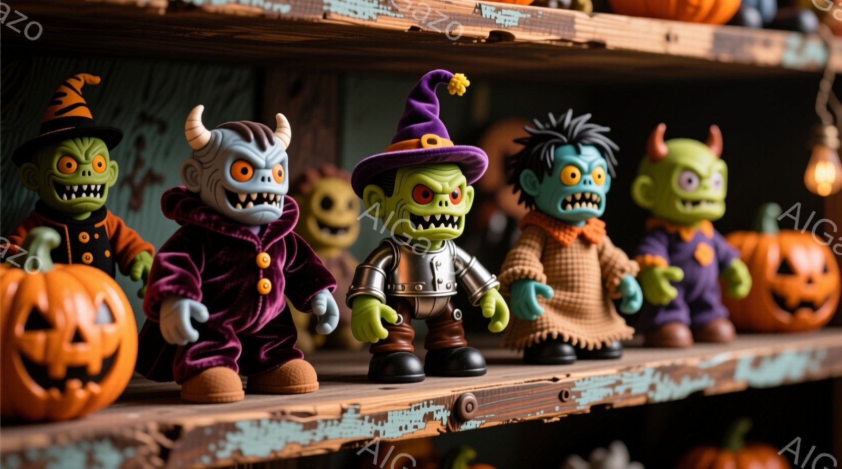 ハロウィーンをテーマにしたおもちゃのフィギュアが棚に並べられています。それぞれゾンビ、ドラキュラ、フランケンシュタイン、ミイラ、狼男を模したキャラクターで、緑色、紫色、黒色などのハロウィーンらしい色合 - AI生成フリー素材