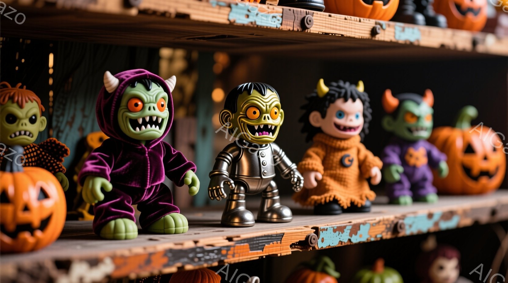 ハロウィーンの飾り付けが施された棚に、さまざまなモンスターの人形が並べられています。紫色のベルベットの衣装を着た緑色のモンスター、金属製のロボットのようなフランケンシュタイン、オレンジ色のセーターを着 - AI生成フリー素材