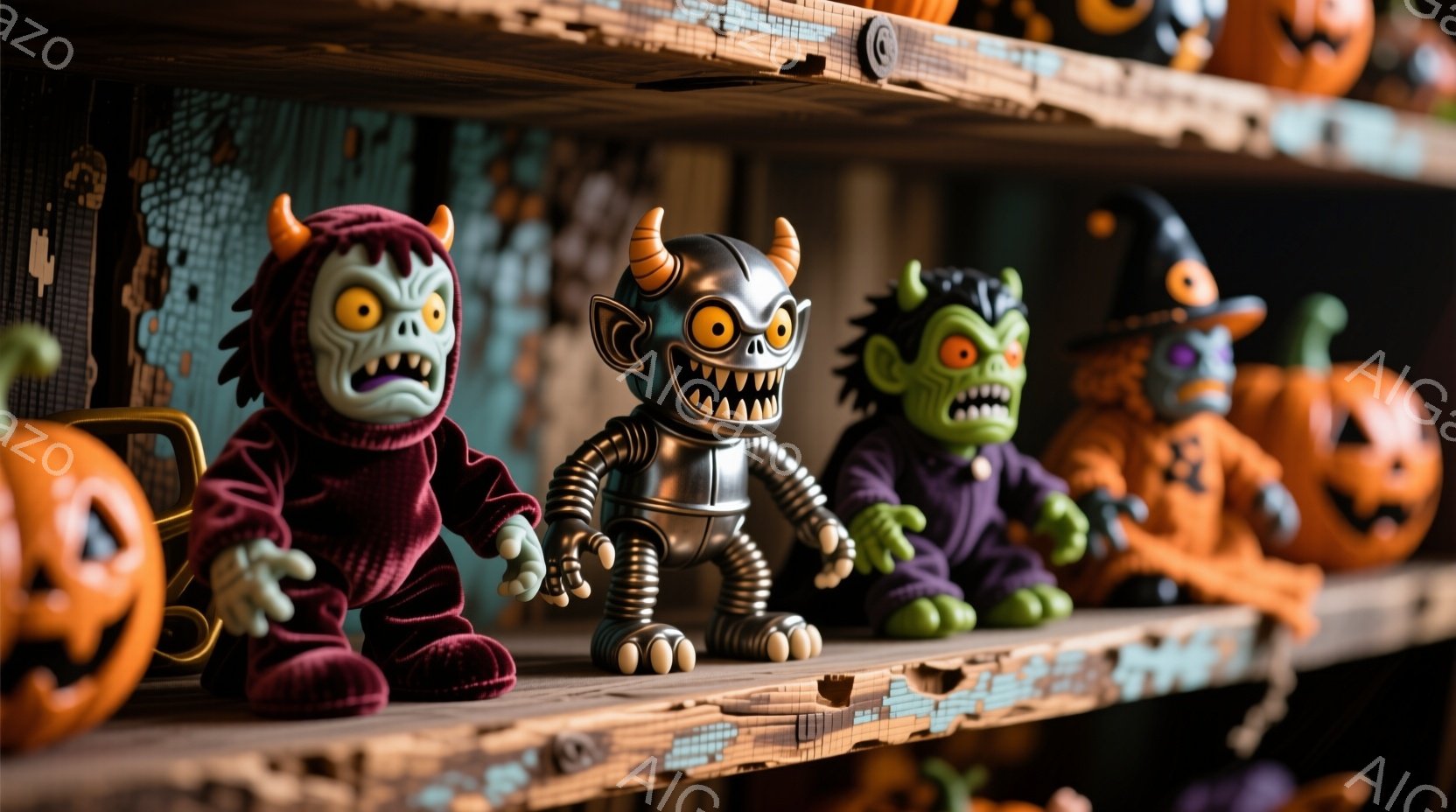 飾り棚には、ハロウィーンをテーマにしたおもちゃが並んでいます。紫色のベルベットのような服を着た緑色のゾンビ、金属製のロボットのような怪物、そして再び緑色のゾンビが見られます。背景には、さまざまな表情をしたオレンジ色のジャック・オー・ランタンが散りばめられ、全体的に不気味で楽しい雰囲気を醸し出しています。