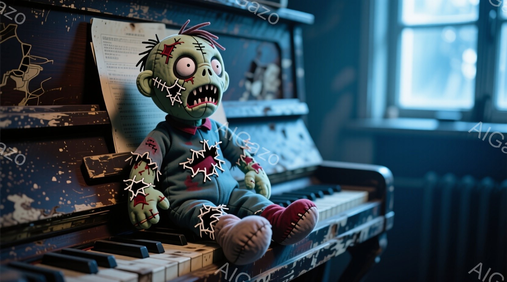 古びたピアノの上に、ボロボロになった緑色のパジャマを着たぬいぐるみのお化けが座っています。目は大きく、縫い目がほどけており、不気味な表情をしています。背景には、日当たりの悪い部屋がぼやけており、古めかしいピアノの鍵盤と、楽譜が置かれたスタンドが見えます。