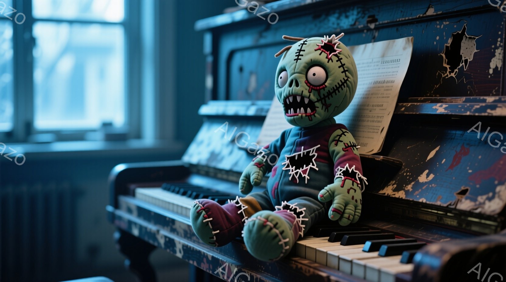 縫いぐるみのモンスターが、古びたピアノの上に座っている。緑色の肌に縫い目があり、紫色の服を着て、不気味な笑顔を浮かべている。背景は暗く、窓からの光が差し込み、ピアノの埃っぽさとモンスターの異様な雰囲気を際立たせている。
