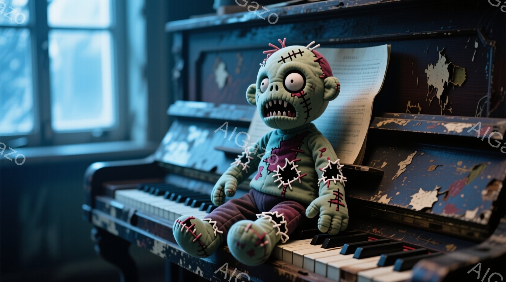 古びたピアノの上に、緑色のフランケンスタインのようなぬいぐるみが座っている。目は大きく、不気味な笑顔を浮かべ、縫い目から綿が飛び出している。背景は暗く、ピアノの周りには埃っぽく、どこか寂しげな雰囲気が - AI生成フリー素材
