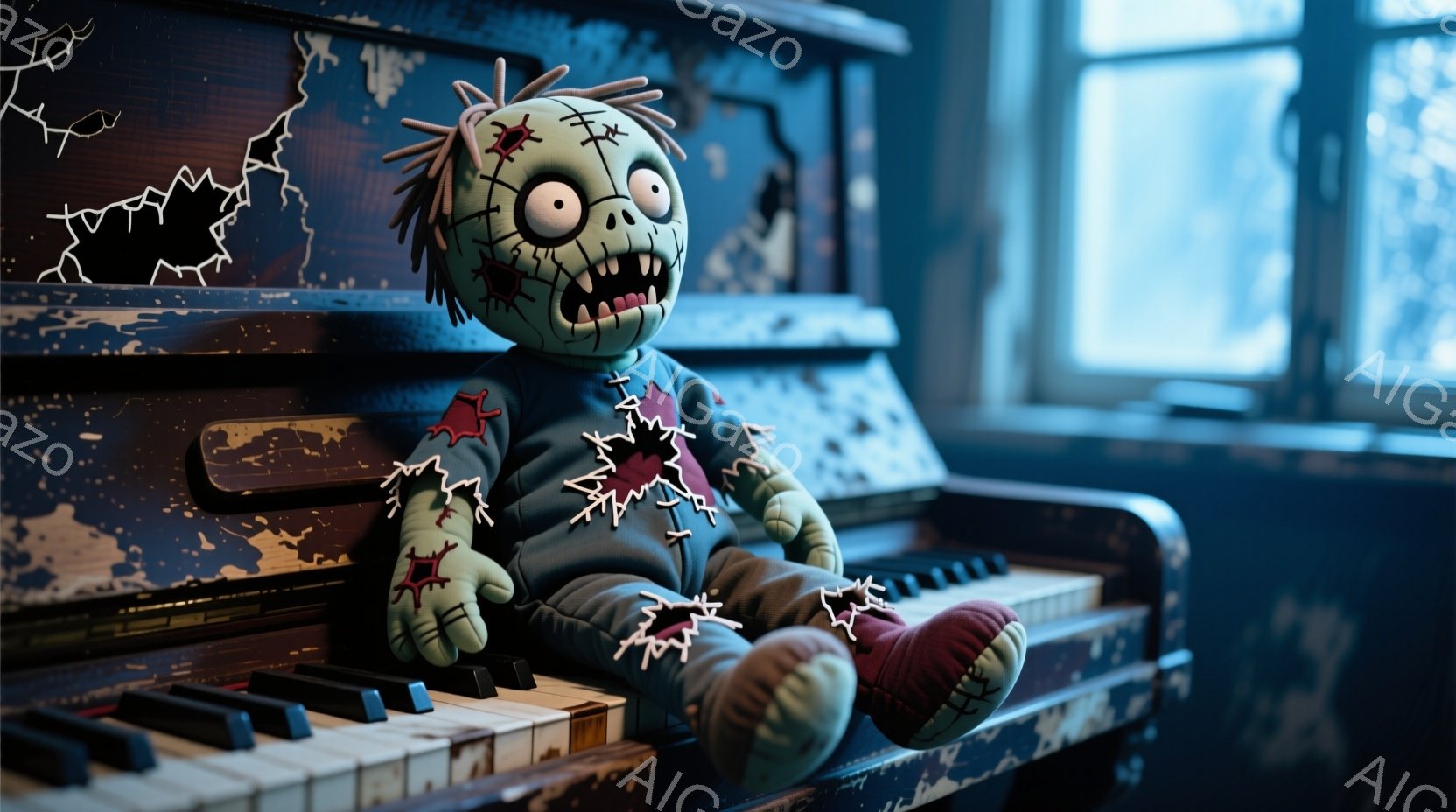 古びたピアノの上に、ぼろぼろの縫いぐるみが座っている。緑色の肌、大きな目、縫い付けられた口から、不気味な表情を浮かべており、赤い毛糸で髪が作られている。背景は暗く、ほこりっぽい部屋で、外にはぼんやりとした光が見える。