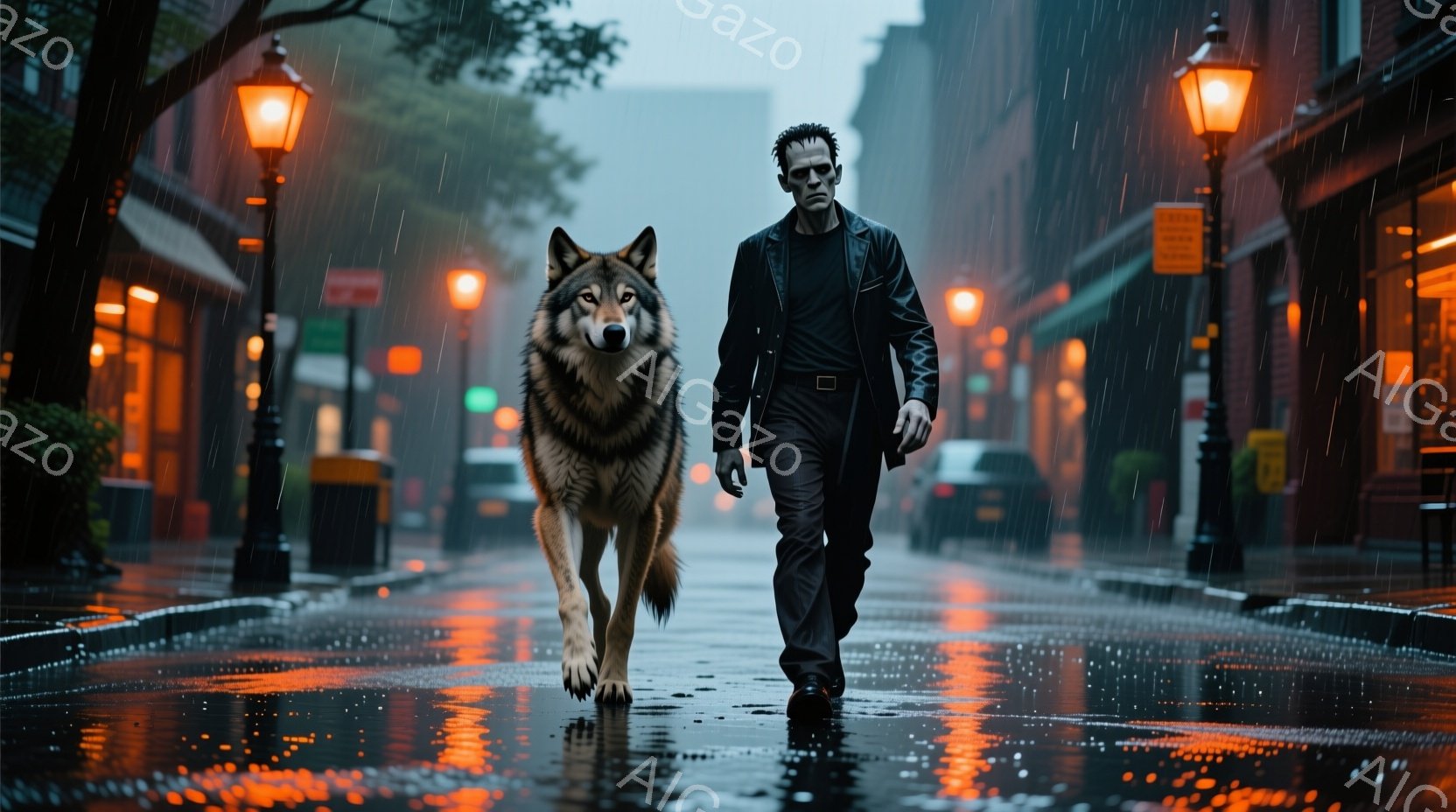 濡れた石畳の道を、灰色の狼と一人の男性が歩いている。男性は黒い革ジャンと黒いズボンを身につけ、無精髭を生やし、やや険しい表情をしている。背景は雨に濡れた都市の通りで、オレンジ色の街灯が路面に反射し、重苦しい雰囲気を醸し出している。