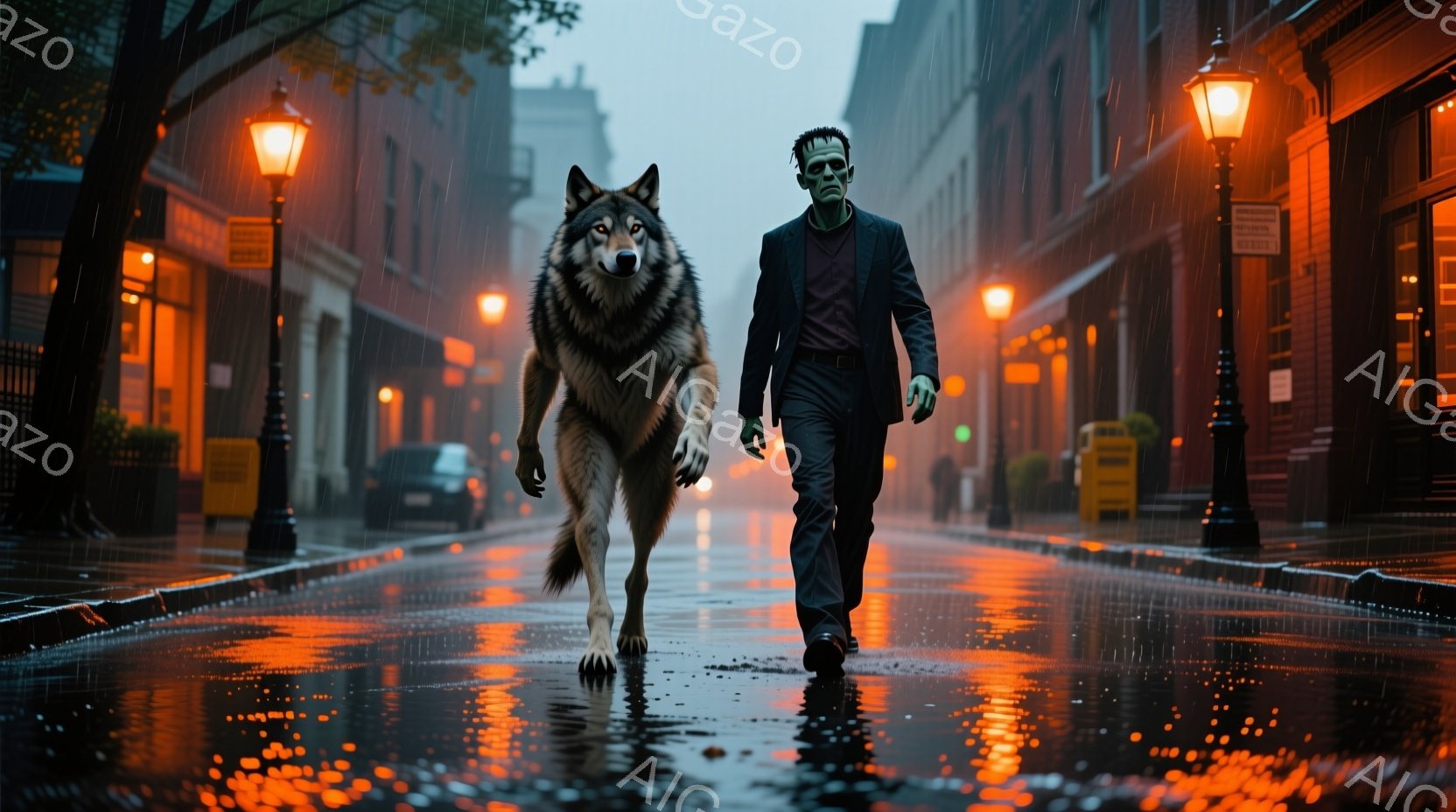 濡れた石畳の道を、狼とフランケンシュタインの怪物のような人物が歩いている。怪物はダークグレーのスーツに身を包み、髪は乱れ、顔には傷跡が見られる。背景にはレンガ造りの建物が立ち並び、路面は雨で濡れて光を - AI生成フリー素材