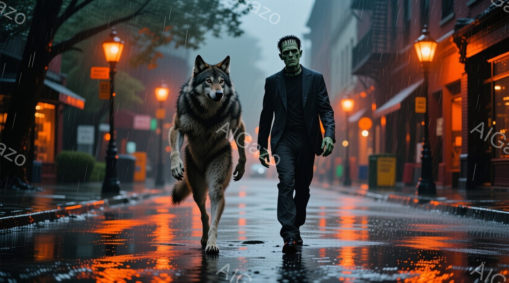 雨の降る夜の街並みを、狼とフランケンシュタインの怪物のような男が歩いている。男は黒いスーツを着ており、緑色の肌と特徴的な髪型をしている。道路は雨で濡れて光を反射し、街灯がオレンジ色の光を投げかけ、不気味でドラマチックな雰囲気を醸し出している。