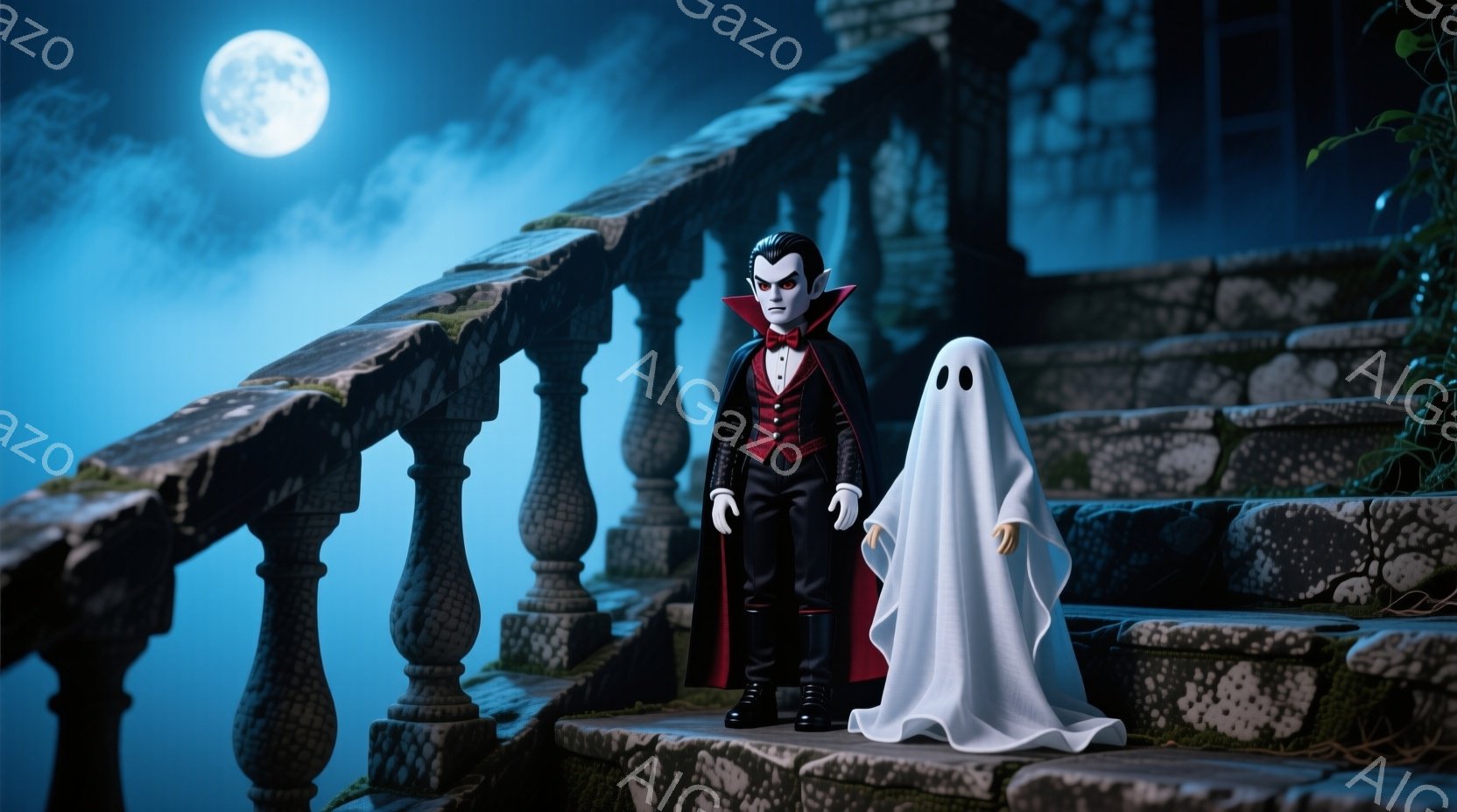 吸血鬼のような男性と幽霊のような白い姿の人物が、苔むした石段の上に立っている。男性は黒い髪、整った口ひげ、赤いマントを身につけ、幽霊のような人物はぼやけた顔と、両腕を前に出した状態で立っている。背景に - AI生成フリー素材