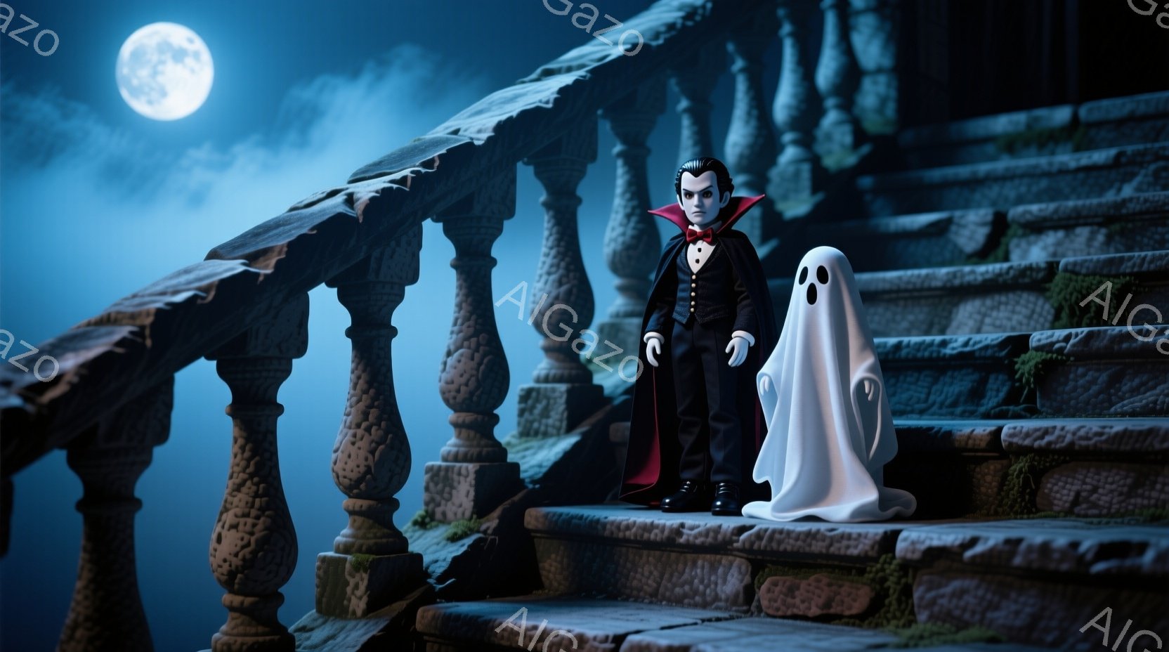 石段の前に、吸血鬼と幽霊の人形が立っている。吸血鬼は黒いスーツに赤いマントを羽織り、整髪された黒髪と、わずかに微笑んだ表情をしている。背景には苔むした石段が続き、月明かりが照らす夜空が広がり、少し不気 - AI生成フリー素材