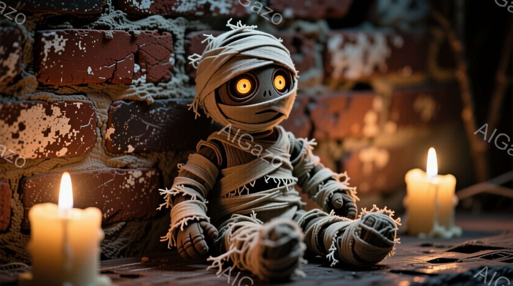 古びたレンガの壁を背景に、包帯で全身を覆われた小さなミイラのような人形が座っています。人形は大きな目を持ち、少し不気味な表情をしています。周りには数本のロウソクが灯されており、不気味でハロウィーンらし - AI生成フリー素材