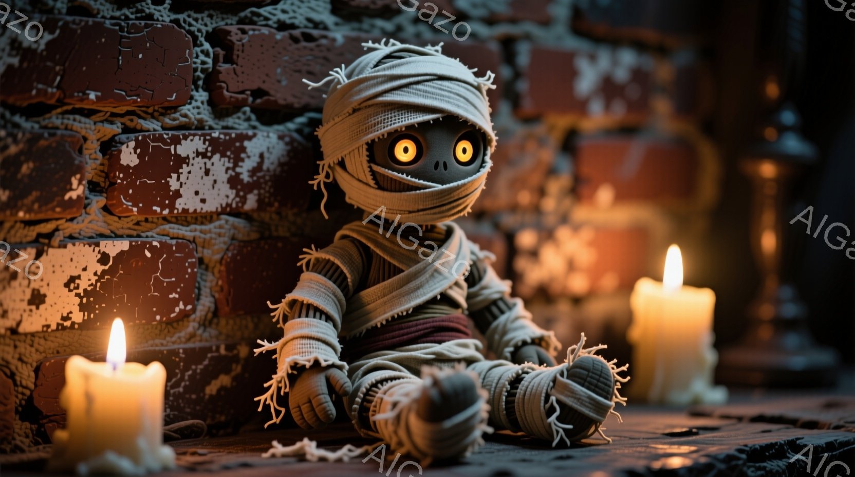 煉瓦造りの壁にもたれて座っているミイラのぬいぐるみです。大きな黒い目はぎょろっとしており、包帯で全身が覆われています。周りには数本の火のついたキャンドルが置かれ、暗く不気味な雰囲気を醸し出しています。 - AI生成フリー素材