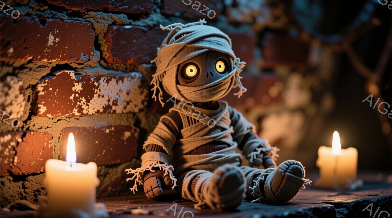 古びたレンガの壁にもたれかかったミイラのぬいぐるみが描かれています。大きな黒い目は不気味さを強調し、包帯で全身が覆われています。周囲には点灯したロウソクが置かれ、薄暗く不気味な雰囲気を醸し出しています - AI生成フリー素材