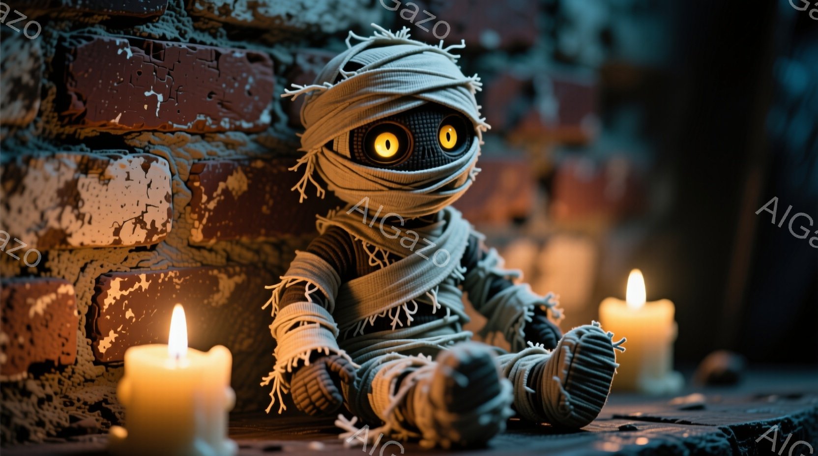 古びたレンガの壁を背景に、包帯で全身を覆われた人形が座っています。人形は大きな丸い目でこちらを見つめ、まるで生きているかのような不気味な印象を与えます。周囲には数本の点灯したキャンドルが配置され、薄暗い中で人形を照らし出し、ハロウィーンのような不気味な雰囲気を醸し出しています。