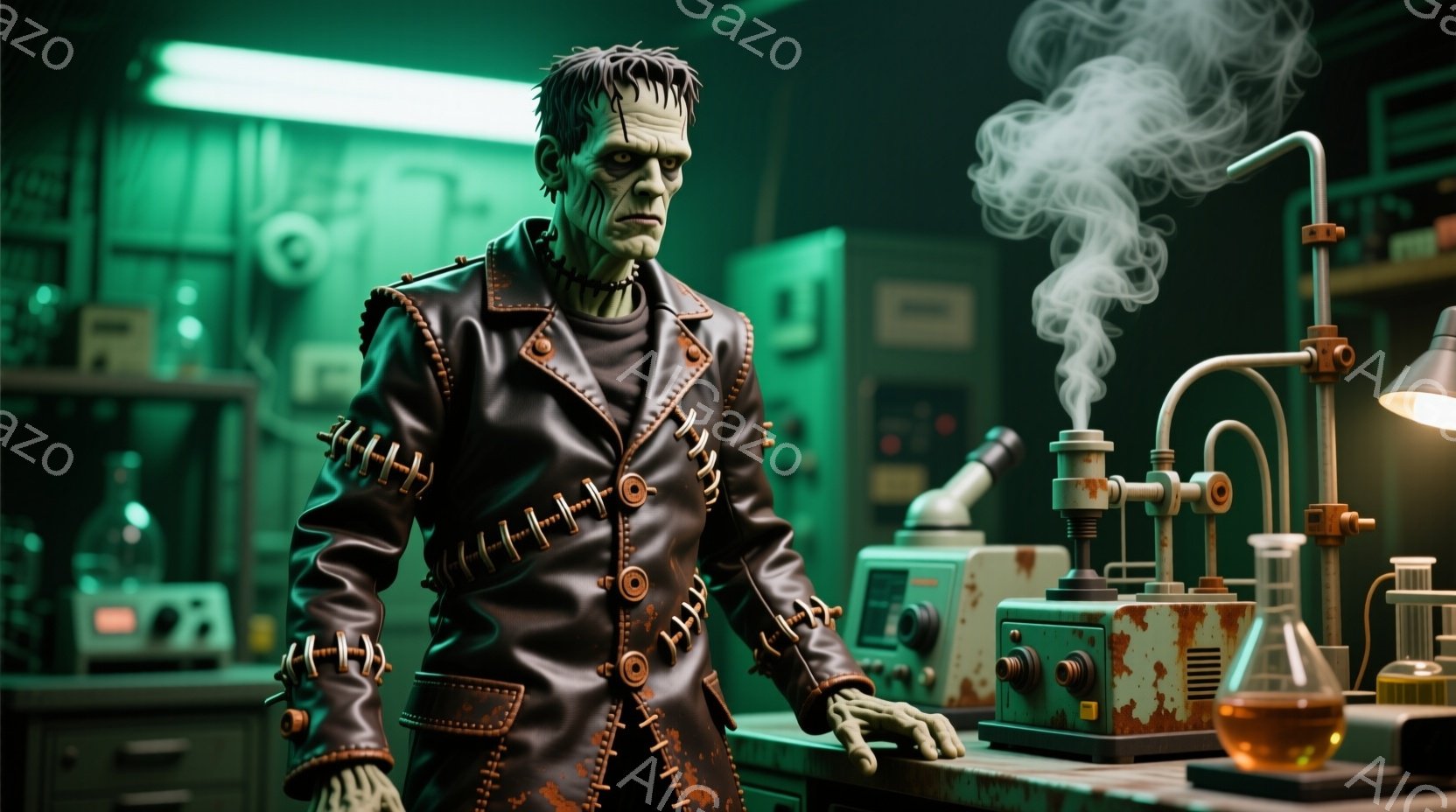 フランケンシュタインを彷彿とさせる男が、実験室らしき場所で立っている様子を描写しています。彼は革のジャケットのようなものを着ており、首や手首には縫い目のような装飾が施されています。背景には実験器具や機 - AI生成フリー素材