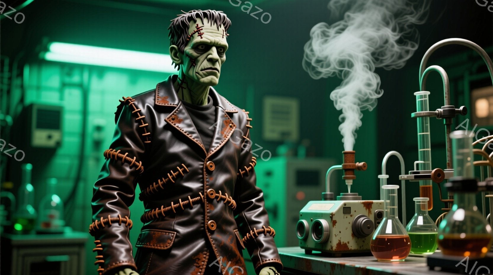 フランケンシュタインの怪物のような男性が実験室に立っている様子を描いています。彼は黒いステッチの入ったジャケットを着ており、髪は暗く、頭には特徴的なボルトが付いています。背景には、フラスコや試験管、蒸 - AI生成フリー素材