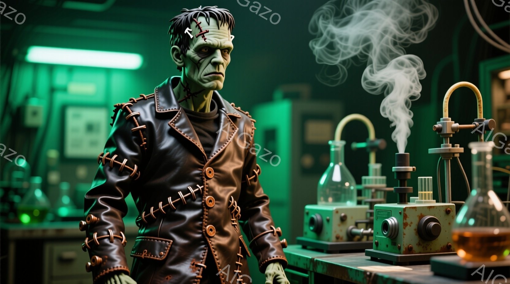 縫い目のある顔と、特徴的な髪型をしたフランケンシュタインの怪物を示しています。彼は黒い革のジャケットを着ており、実験室のテーブルの上に立っています。背景には、さまざまな実験器具と機械があり、緑色の照明 - AI生成フリー素材