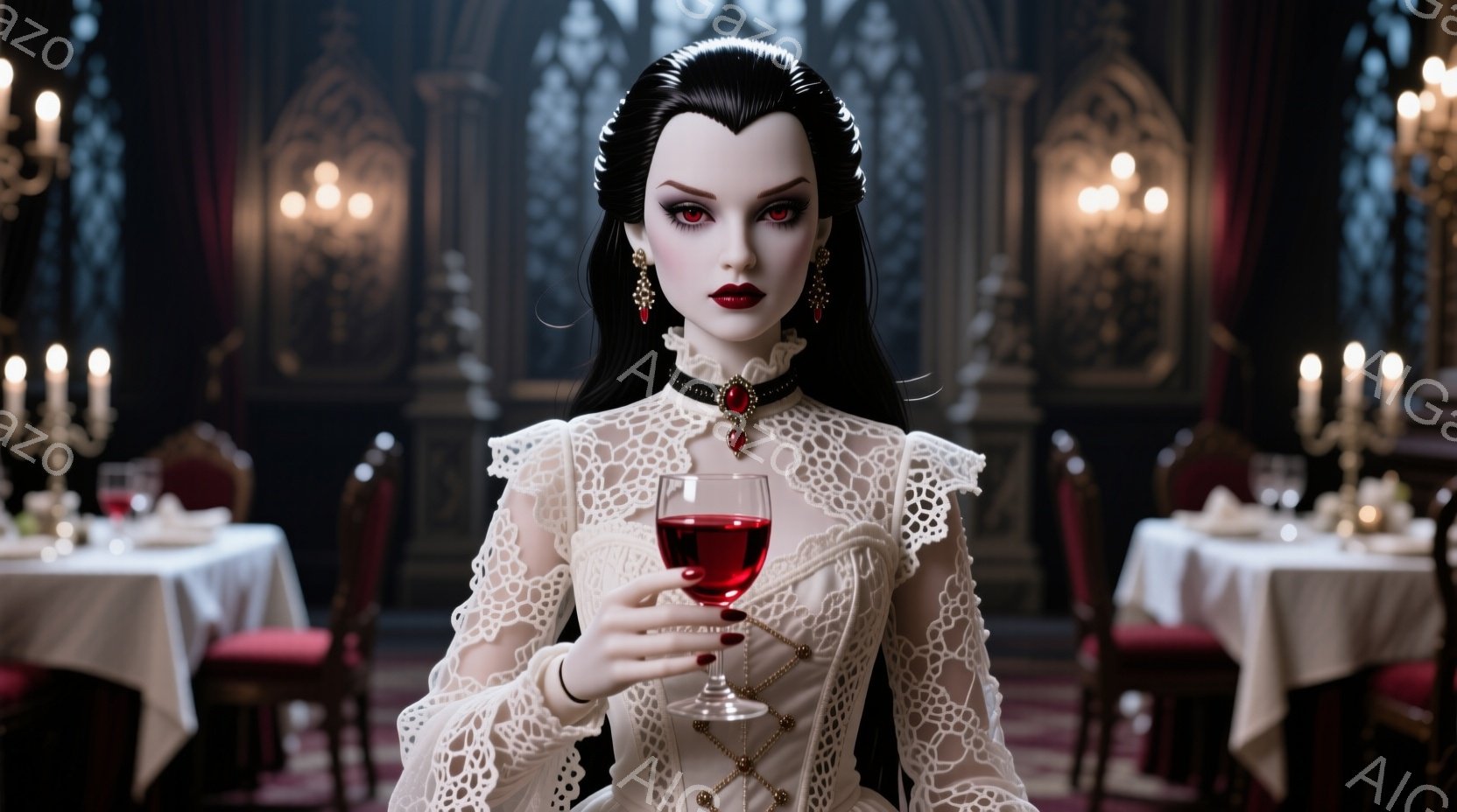 黒髪を長く伸ばした女性が、白いレースのドレスを身につけ、赤い宝石のネックレスとイヤリングを付けている。彼女はグラスに入った赤い液体（ワインのよう）を手に持ち、自信に満ちた表情で正面を見つめている。背景には、豪華なダイニングルームが広がり、暖色の照明と赤い椅子が印象的で、全体的にゴシックで神秘的な雰囲気を醸し出している。