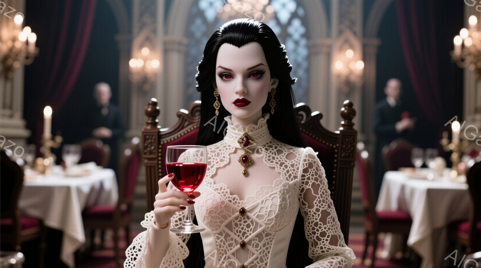 深紅のワイングラスを持つ、レース襟の白いドレスを着た女性が描かれています。彼女は黒髪を高くまとめ、鮮やかな赤い唇と強い眼差しで、どこか冷たい雰囲気を漂わせています。背景には豪華な内装のダイニングルーム - AI生成フリー素材