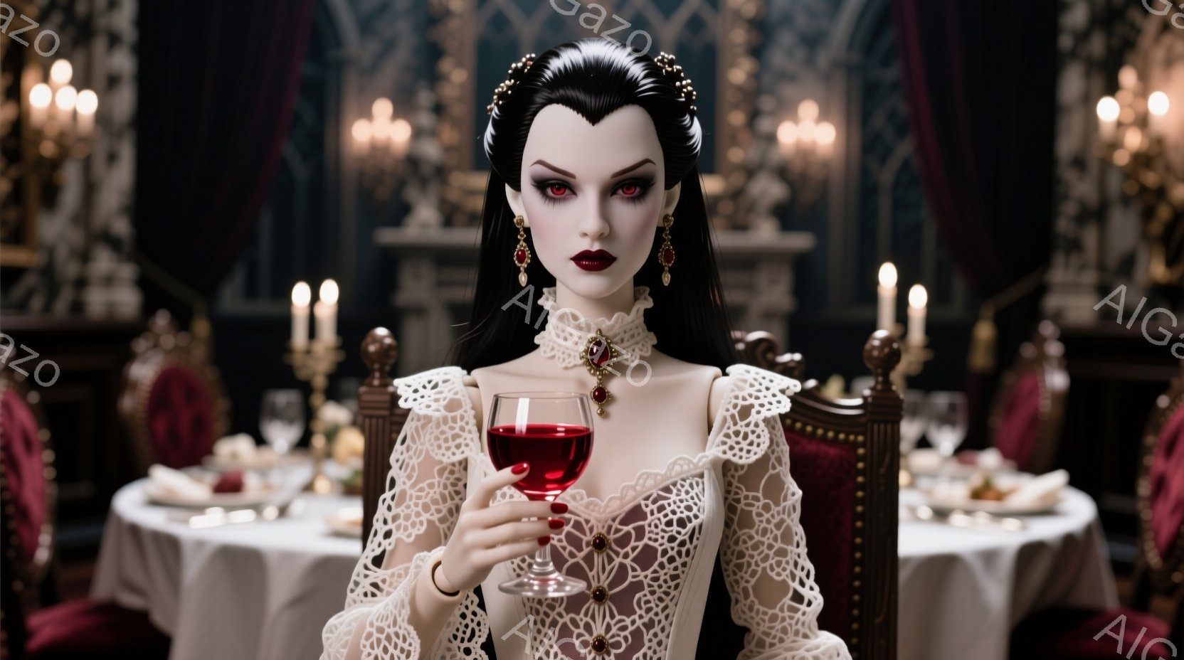 漆黒の長い髪を中央で分け、繊細なレースの襟と袖が特徴的な白いドレスを着た女性が描かれています。彼女は赤いワイングラスを手に持ち、少し冷たい表情で正面を見据えています。背景には豪華なダイニングルームが広がり、燭台が灯り、テーブルには料理が並べられ、全体的に耽美的でゴシックな雰囲気が漂っています。