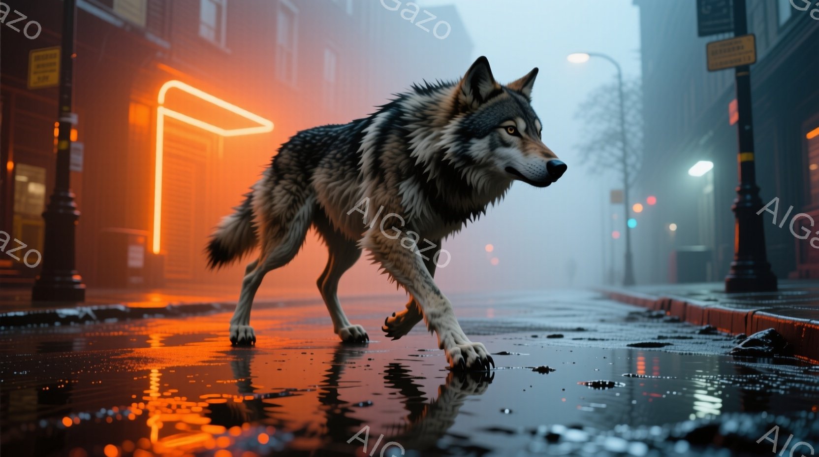 濡れた路面に一匹の狼が歩いている様子が描かれている。背景は霧がかった都市の風景で、オレンジ色のネオンライトが水面に反射し、幻想的な雰囲気を醸し出している。狼は力強く前進し、その姿は都会の喧騒の中に現れた野生の象徴のようだ。