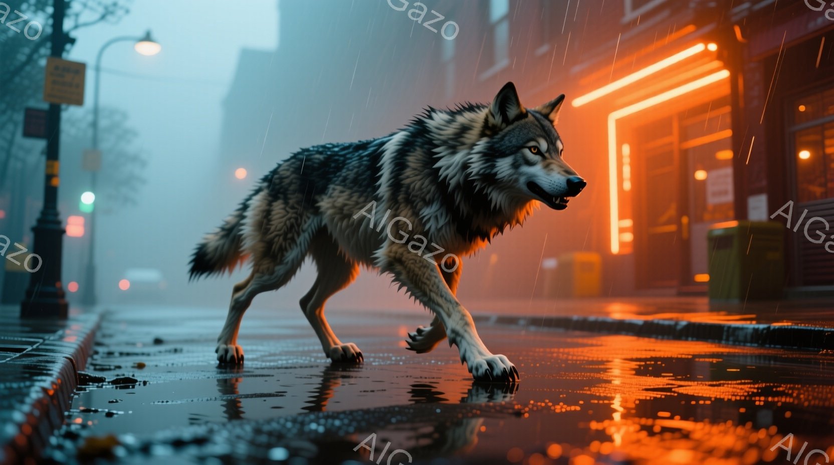 雨の夜の都市を、毛皮の模様が美しいオオカミが歩いている。濡れた路面にはネオンサインのオレンジ色が反射し、霧が立ち込める夜の街の雰囲気を強調している。オオカミは警戒した表情で前方を凝視し、都会の風景に野生の姿が異彩を放っている。