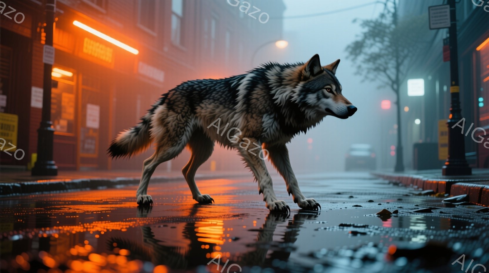 濡れた石畳の通りを、毛並みの美しいオオカミが歩いている。背景には霧が立ち込め、オレンジ色の街灯が水面に反射して幻想的な光景を作り出している。オオカミは警戒しながらも堂々とした姿で、都会の夜に現れた異質 - AI生成フリー素材