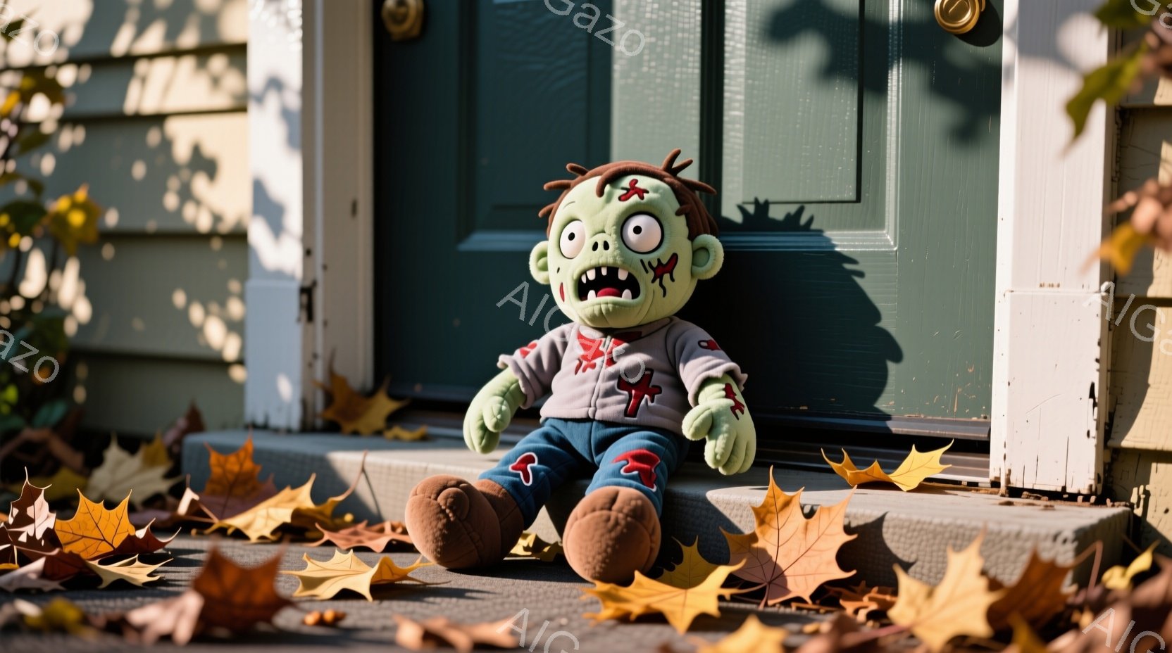 ゾンビ風のぬいぐるみがお家の玄関の段差に座っています。緑色の肌にボロボロの服を着ており、顔は傷だらけで、口は大きく開けられています。背景には落ち葉が散らばり、緑色のドアと白い壁が見え、秋の少し不気味な - AI生成フリー素材
