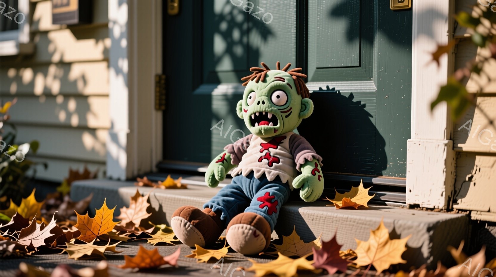 ハロウィーンの飾り付けがされたショーウィンドウには、様々なモンスターのおもちゃが所狭しと並べられています。緑色のフランケンシュタイン、紫色のモンスター、オレンジ色のカボチャなどが、少しコミカルな表情で - AI生成フリー素材