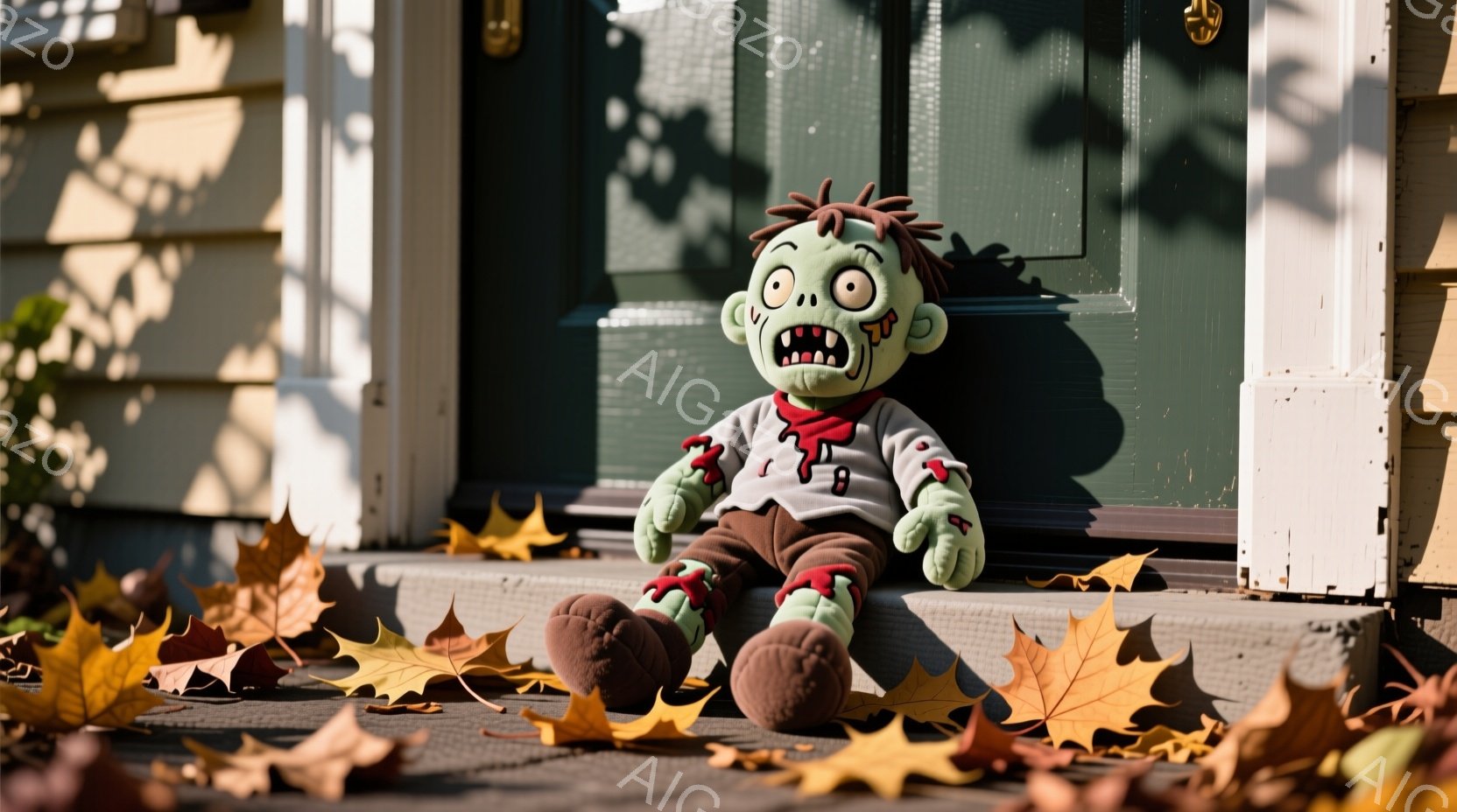 不気味なゾンビのぬいぐるみがお家の玄関の段差に座っている。緑色の肌に髪はぼさぼさで、口は大きく開いて牙が見えている。背景には落ち葉が散らばり、木製の外壁と緑色のドアが見え、秋の日の穏やかな雰囲気が漂っ - AI生成フリー素材