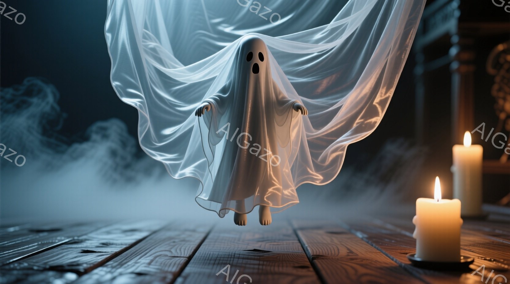 白い幽霊が、木製の床の上に浮かんでおり、丸い目と小さな口で可愛らしい表情をしています。背景には煙が立ち込め、暗い室内にはいくつかのロウソクが灯っており、ハロウィーンのような不気味ながらもユーモラスな雰 - AI生成フリー素材