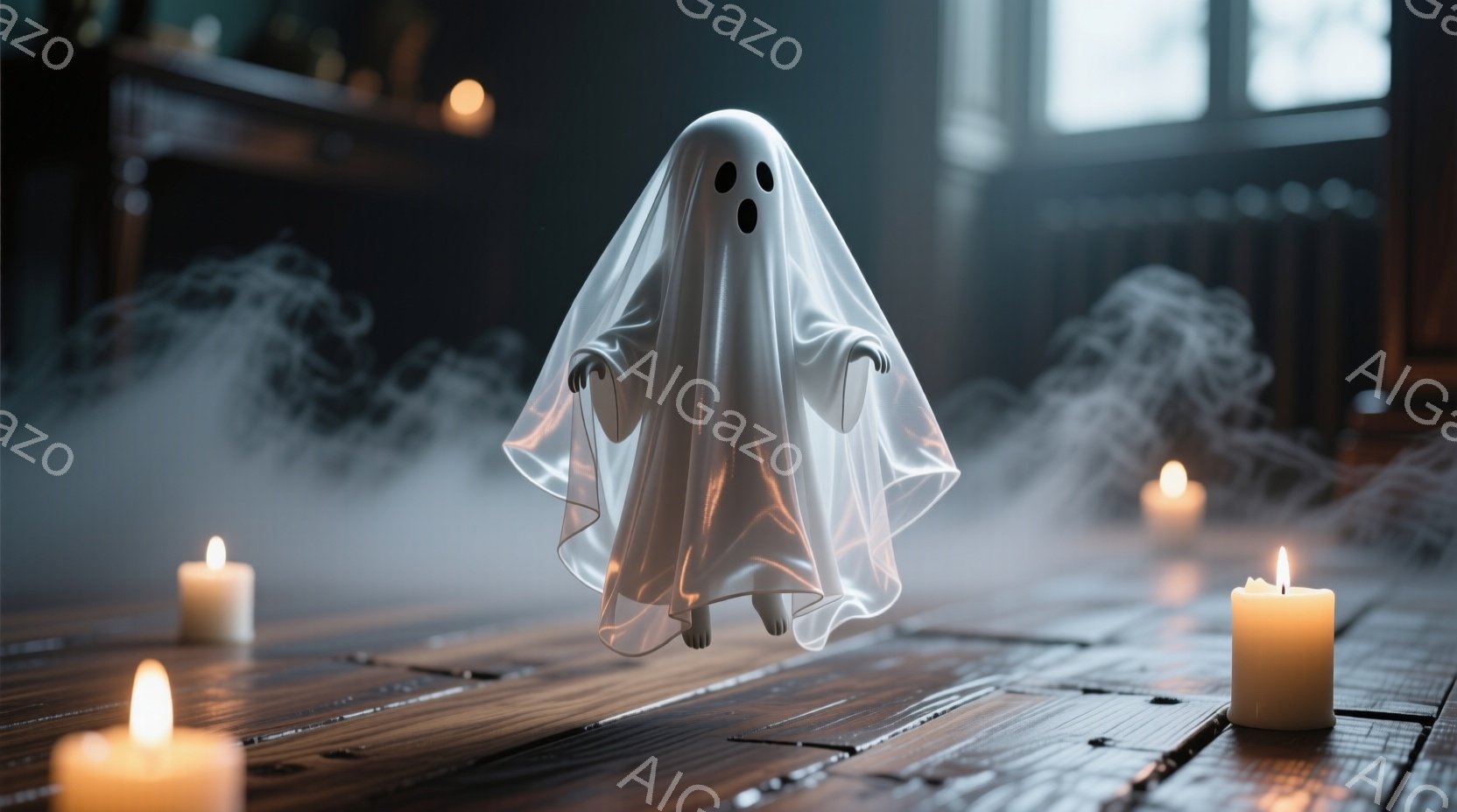 白い幽霊が、木製の床の上に浮かんでおり、目は黒い穴で、口は「オー」の字型に開いている。周囲には、ちらちらと光る蝋燭と、薄い霧が漂い、少し不気味な雰囲気を醸し出している。背景は暗く、ぼんやりとした家具が見え、ハロウィンのような雰囲気を感じさせる。