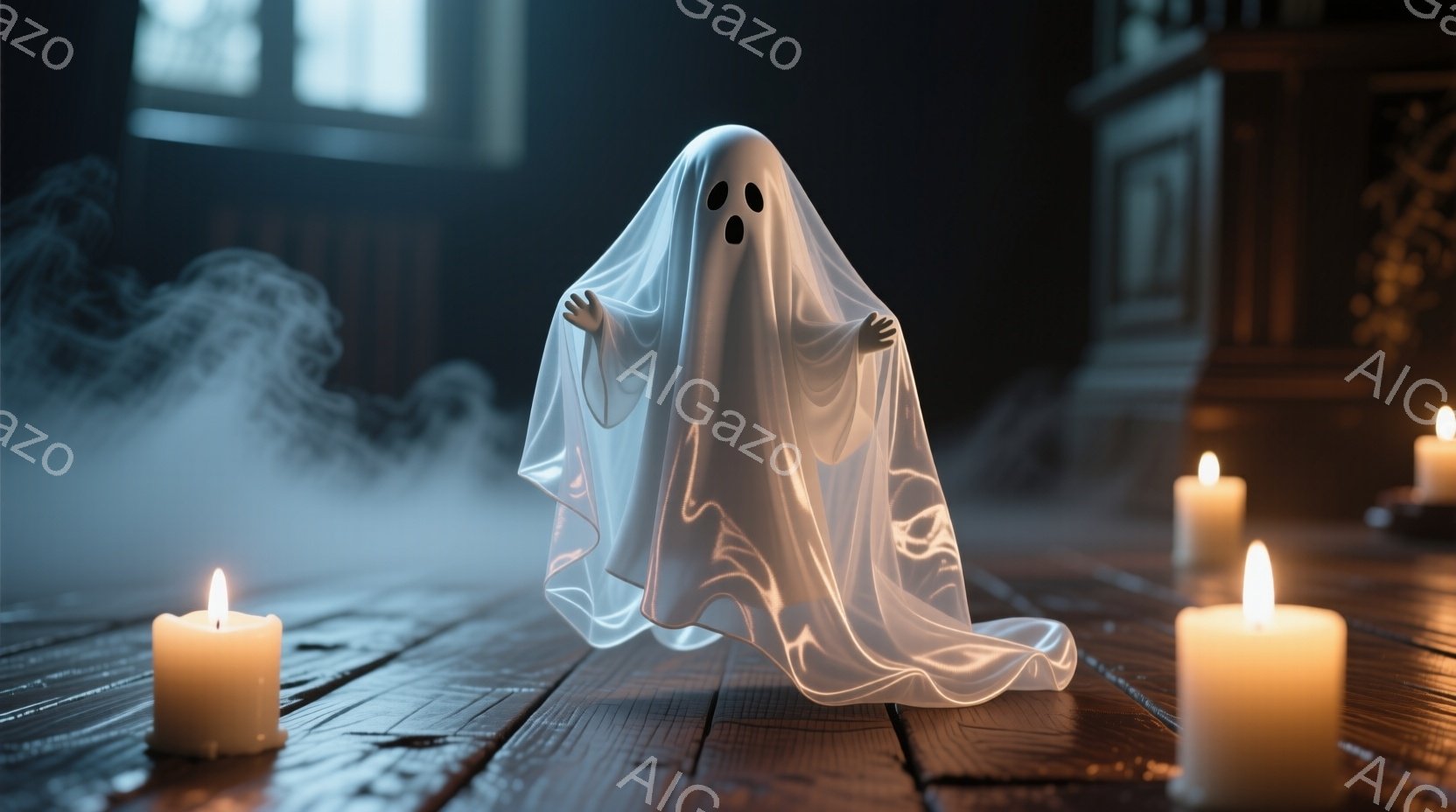 白い布をまとった幽霊が、古びた木の床の上に立っている。周囲には数本の燃えるキャンドルが置かれ、ぼんやりとした光が幽霊を照らし出している。背景は暗く、部屋の一部がぼやけて見えるが、どこか古い洋館のような - AI生成フリー素材