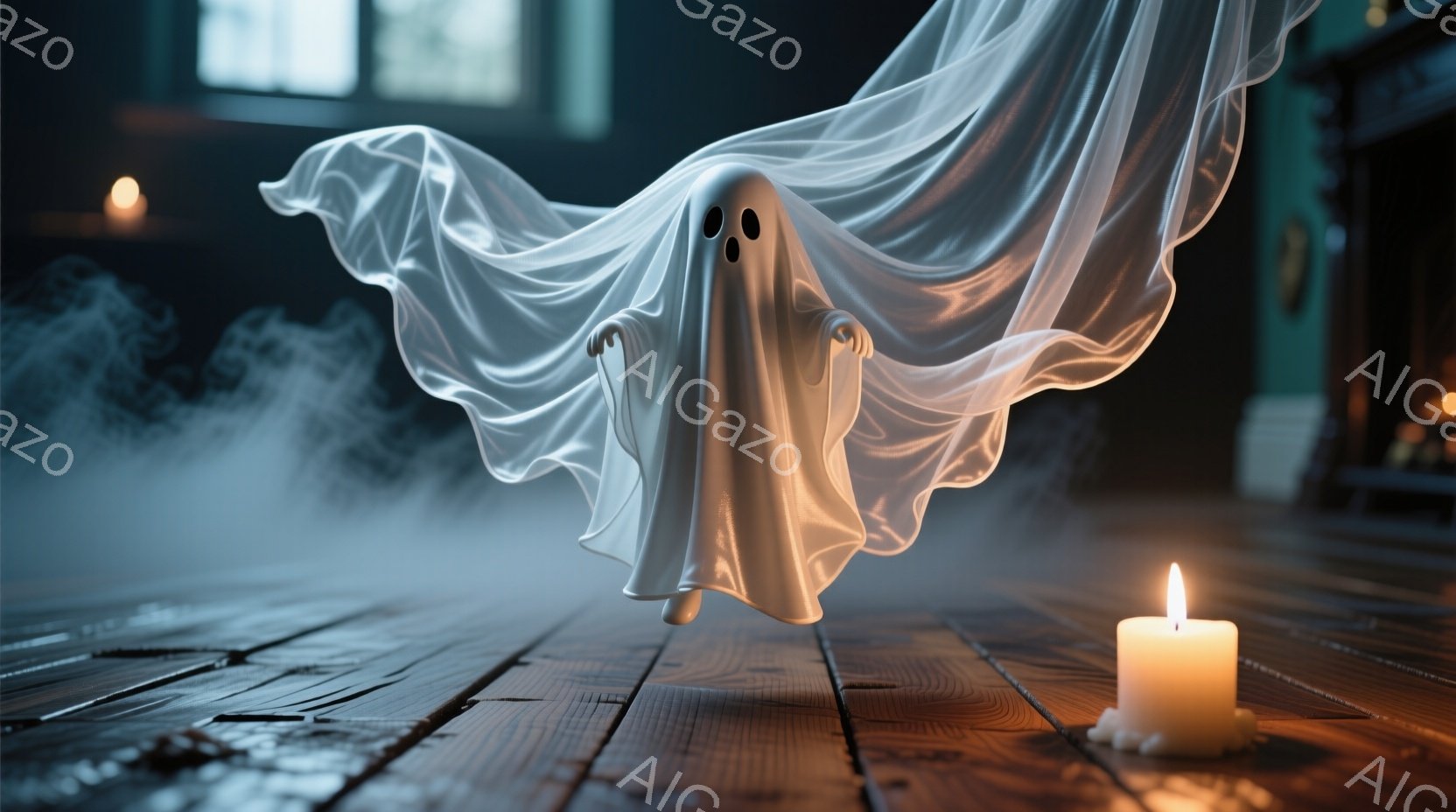 古い木製の床に白い幽霊が浮かんでおり、まるでシーツを被ったように見える。背景は薄暗く、ぼやけた家具や壁が見え、足元には煙が立ち込めている。燃え盛るキャンドルが幽霊の近くに置かれ、不気味で神秘的な雰囲気 - AI生成フリー素材