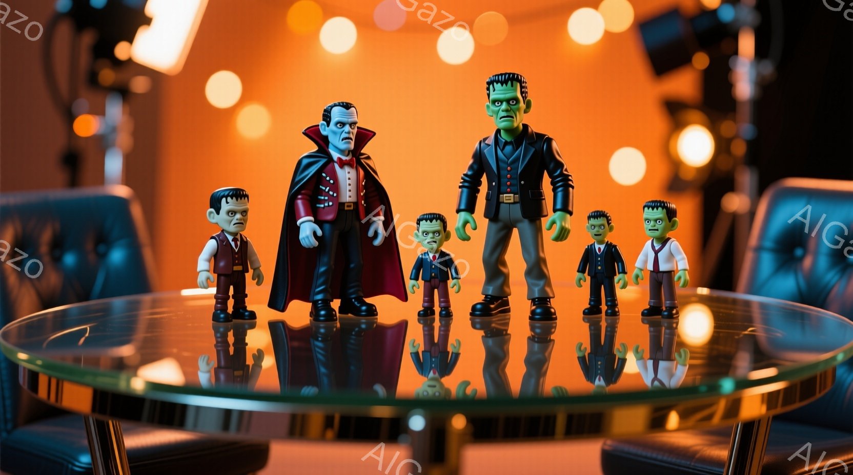 複数のモンスター人形が、反射するガラス製の円卓の上に整然と並んでいます。ドラキュラ伯爵のような人形は赤いローブと黒いスーツを着て、他のフランケンシュタインの怪物のような人形たちを率いています。背景は暗く、ぼやけた光が点在しており、ハロウィーンやファンタジーの世界を連想させる雰囲気です。