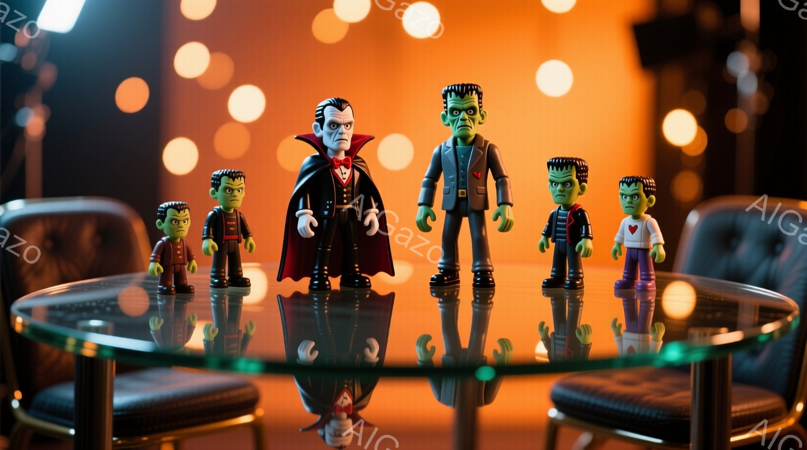 鮮やかなオレンジ色の背景に、フランクensteinとドラキュラのフィギュアが並んでいます。ドラキュラは黒いスーツと赤いマントを身につけ、フランクensteinは特徴的な髪型とボルト付きの首で表現されて - AI生成フリー素材