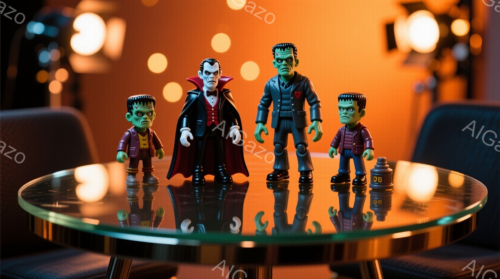 テーブルの上に並んだ3体のモンスター人形を捉えています。ドラキュラ伯爵を模した人形は黒いスーツに赤い裏地、整髪された黒髪、そして自信に満ちた表情をしています。フランケンシュタインの怪物とそれにあたる2体の人形は、同じ服装をしていますが、それぞれ異なるポーズを取っており、全体的に不気味ながらも遊び心のある雰囲気を醸し出しています。