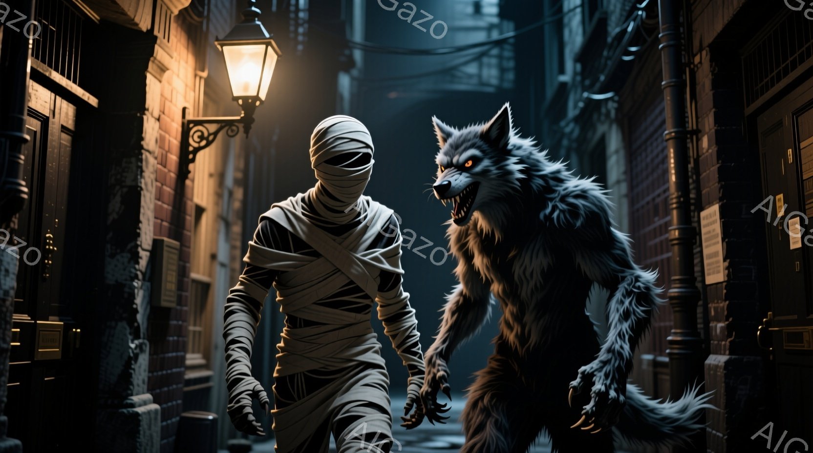 古いレンガ造りの路地に、ミイラのような包帯で全身を覆った人物と、大きく牙をむき出しにした狼男が立っている。路地は暗く、遠くにぼんやりとした建物が見え、上には古い街灯が灯っており、不気味で緊迫した雰囲気 - AI生成フリー素材