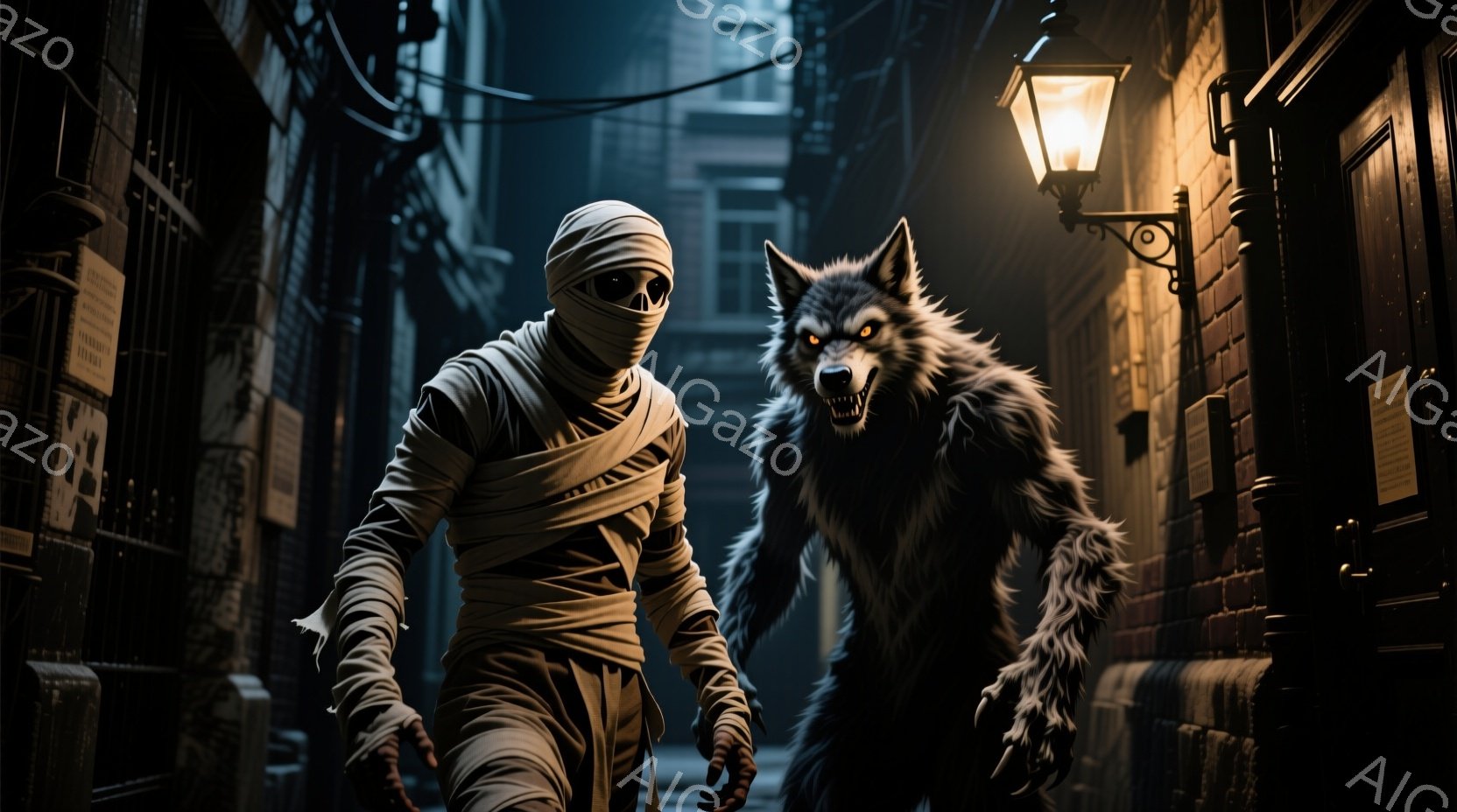 ミイラの格好をした人物が、薄暗い路地を歩いている。その人物は全身を包帯で覆われ、顔は覆われて表情は見えない。背景にはレンガ造りの建物が立ち並び、路地にはわずかな光が差し込み、不気味な雰囲気を醸し出して - AI生成フリー素材