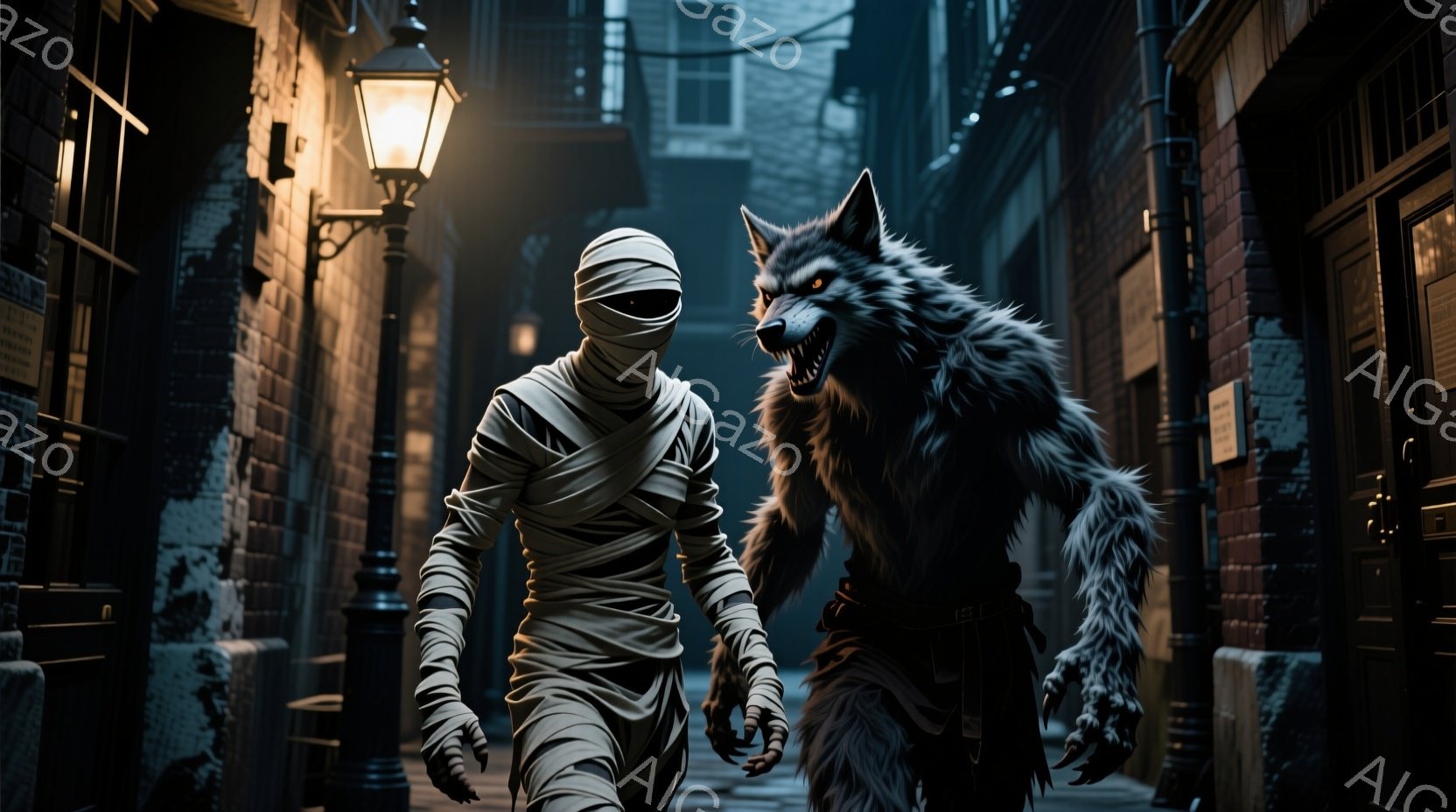 石畳の路地を、包帯で全身を覆ったミイラのような人物と、大きく牙をむいた狼男が歩いている。背景には、古びたレンガ造りの建物が立ち並び、薄暗い路地を照らすガス灯が不気味な雰囲気を醸し出している。全体的に、 - AI生成フリー素材