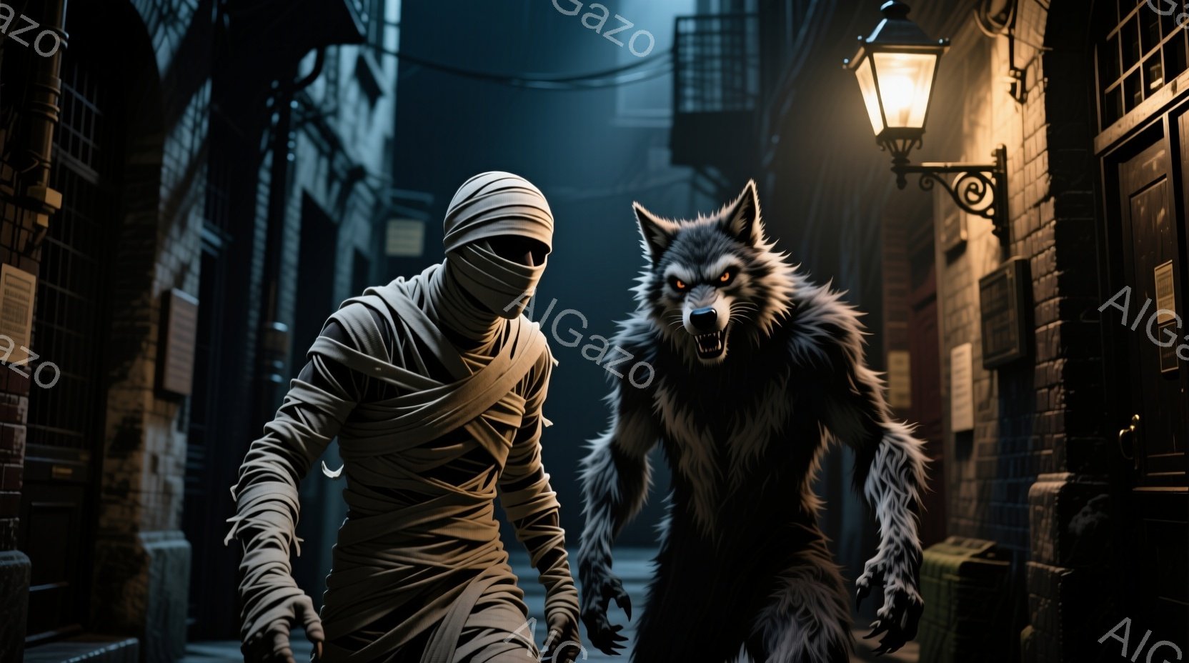 包帯で全身を覆ったミイラのような人物と、鋭い牙をむき出しにした狼男がレンガ造りの路地に立っている様子が描かれています。夜の暗い雰囲気の中で、路地の壁に設置されたガス灯がぼんやりと照らし、影が長く伸びて - AI生成フリー素材
