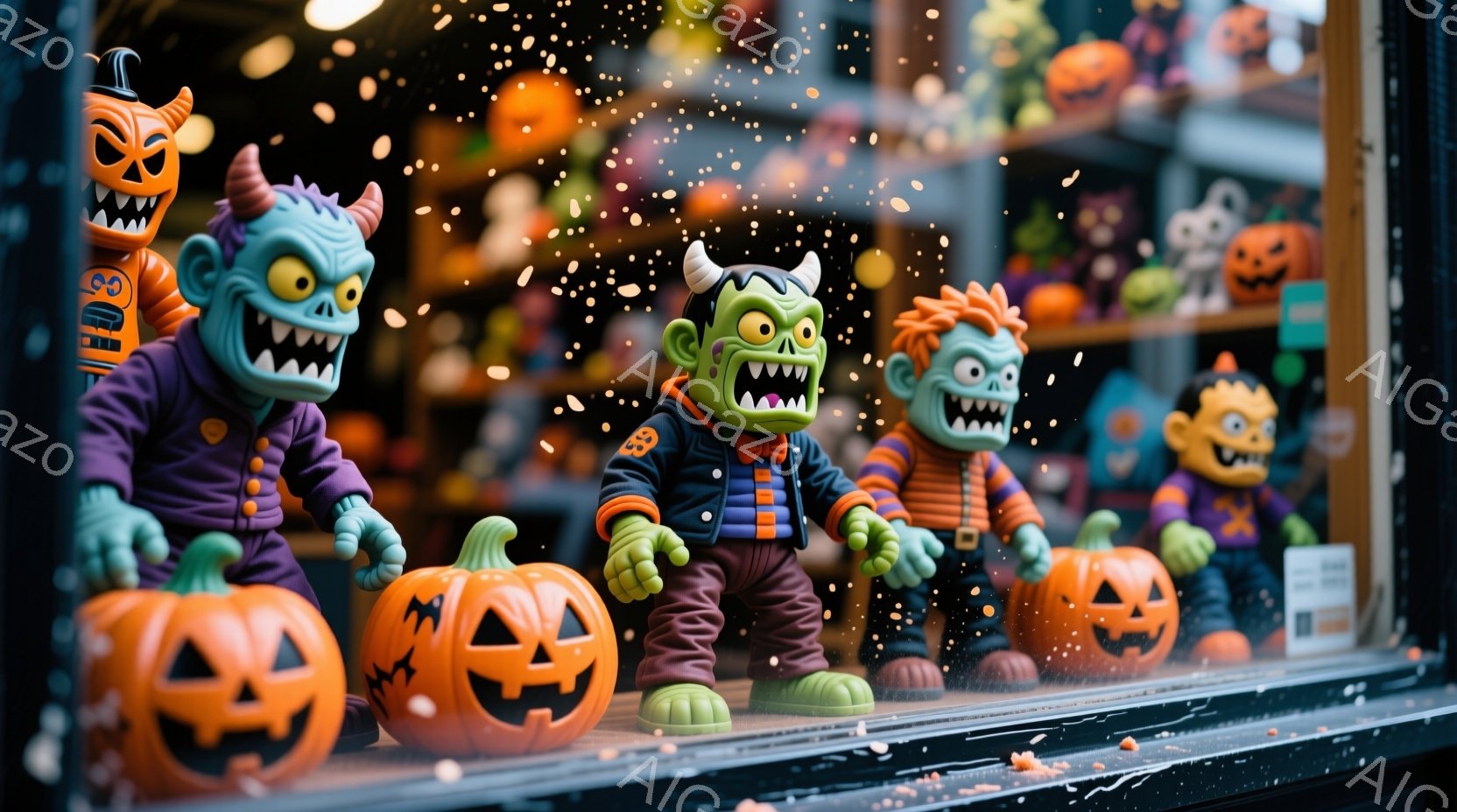 ハロウィーンのディスプレイが窓に並べられています。緑色の怪物、フランケンシュタイン、紫色の怪物、そしてカボチャのランタンが、それぞれ異なるポーズで並んでおり、楽しげな雰囲気です。背景には、他のハロウィ - AI生成フリー素材