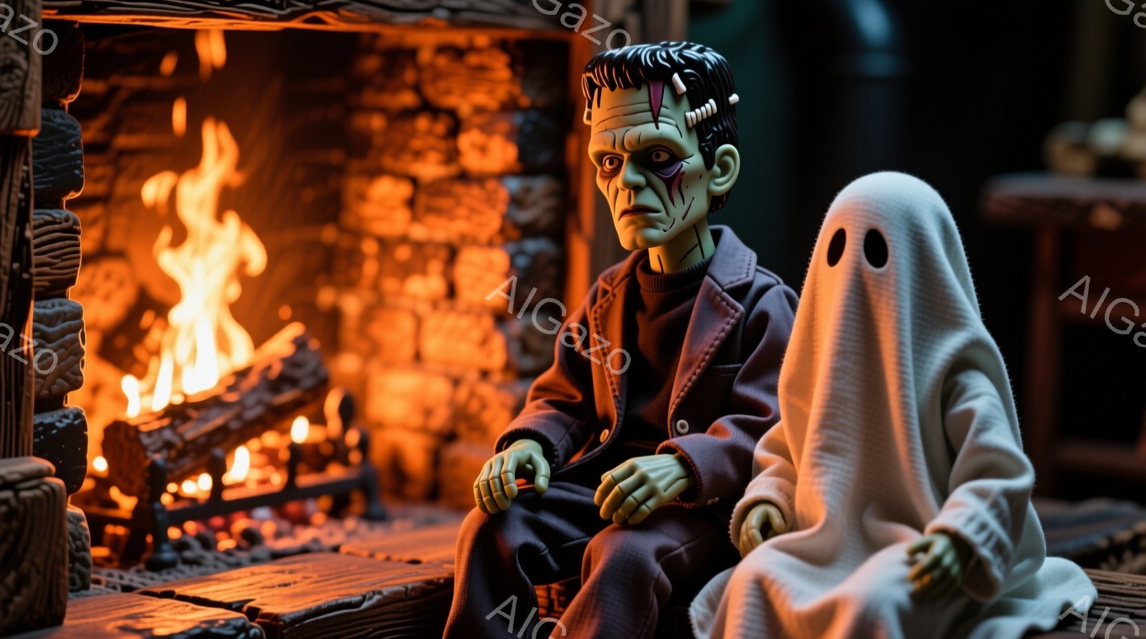 フランケンシュタインのモンスターと幽霊の人形が暖炉の前で座っている。モンスターは緑色の肌、暗い髪型、そして苦々しい表情をしている。背景には、燃え盛る暖炉と、暖炉を囲む石造りの壁があり、全体的に不気味で - AI生成フリー素材