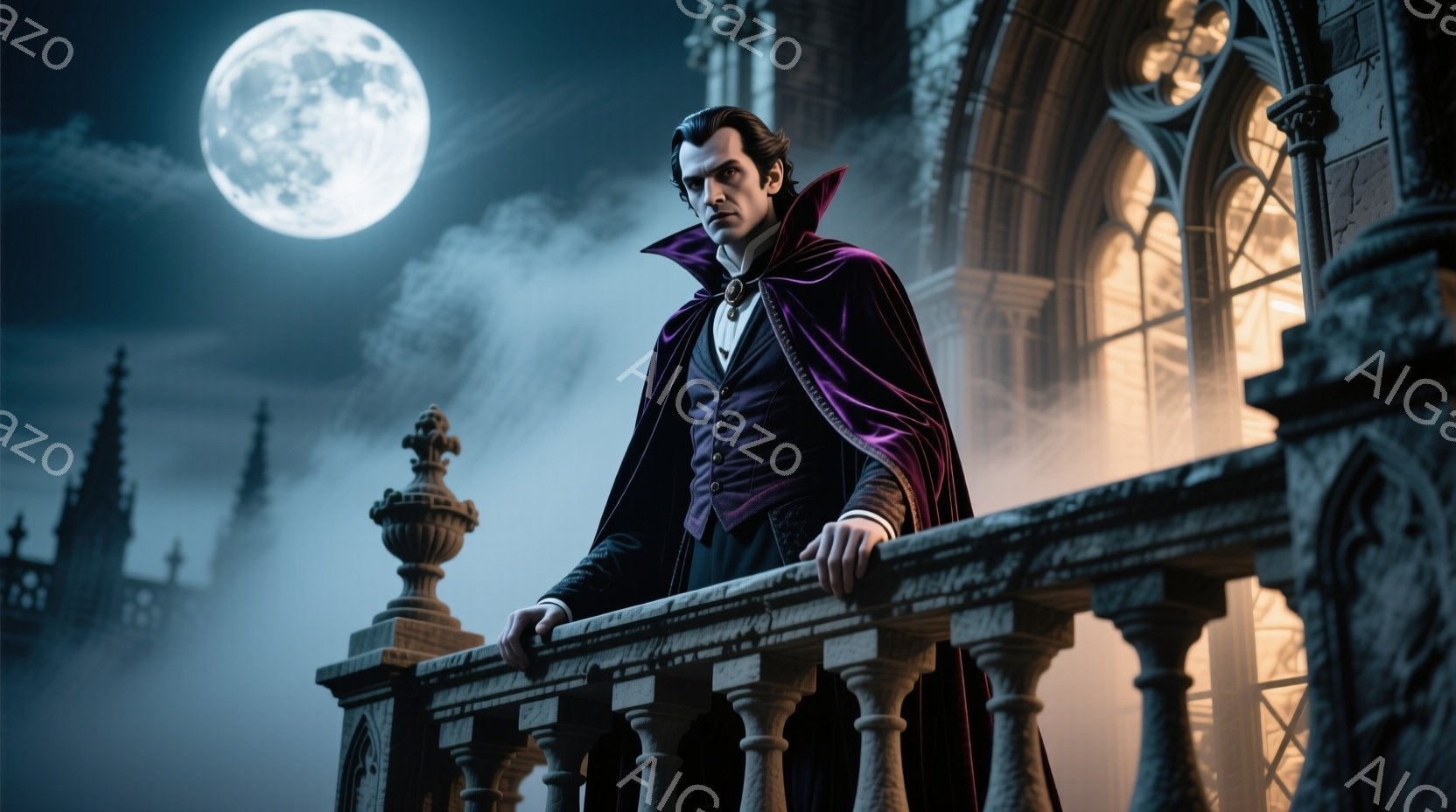 深い紫色の外套を羽織り、黒いベストと白いシャツを着た男性がバルコニーに立っている。彼の髪は整然と後ろにとかされており、顔つきは厳格でどこか憂いを帯びている。背景には、尖塔を持つお城のような建物と霧に包 - AI生成フリー素材