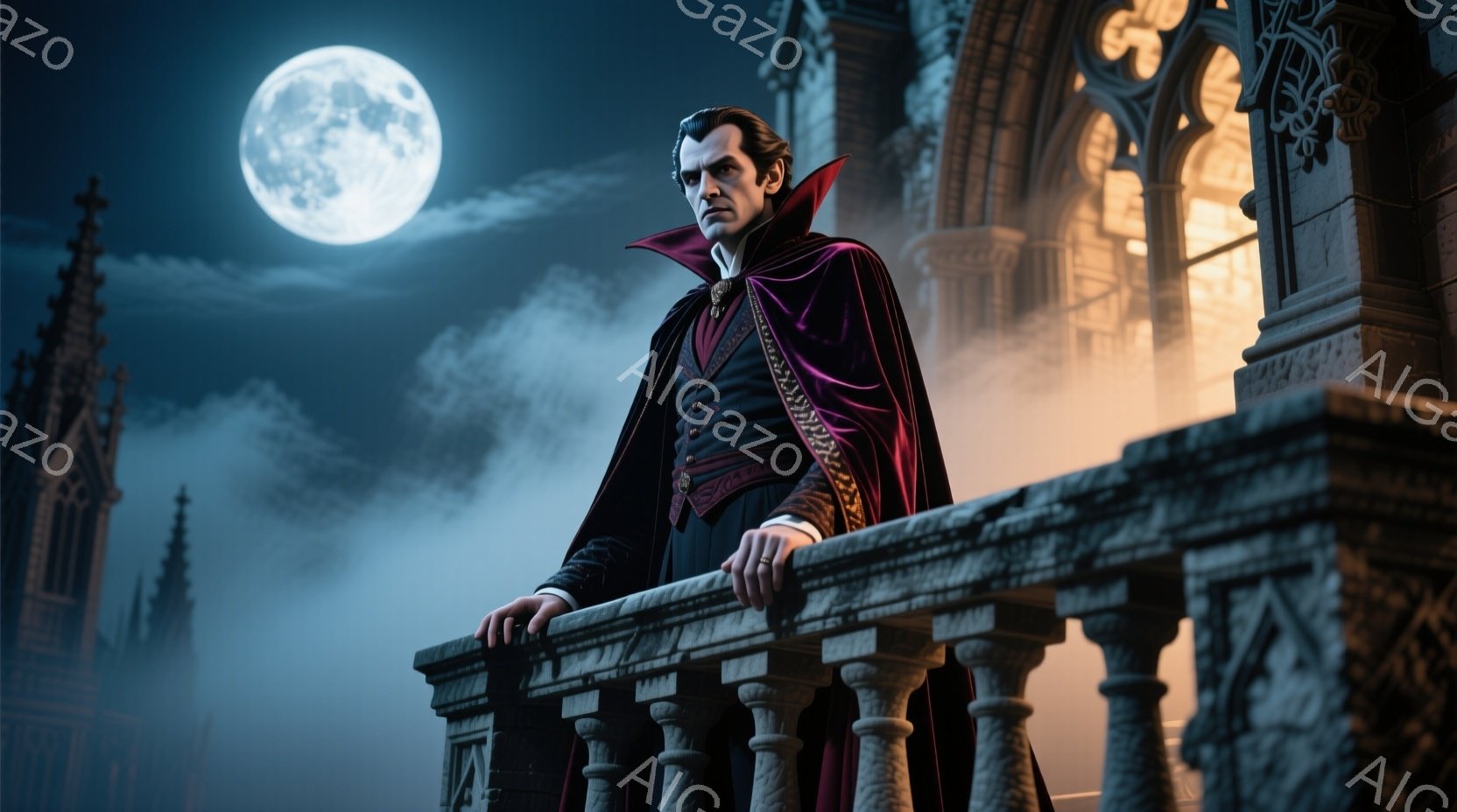 濃い赤色の豪華なローブを羽織り、黒いベストと白いシャツを着た男性が描かれています。彼はバルコニーの手すりに寄りかかり、鋭い眼差しで遠くを見つめており、整った髪型と厳格な表情が特徴です。背景には、霧に包 - AI生成フリー素材