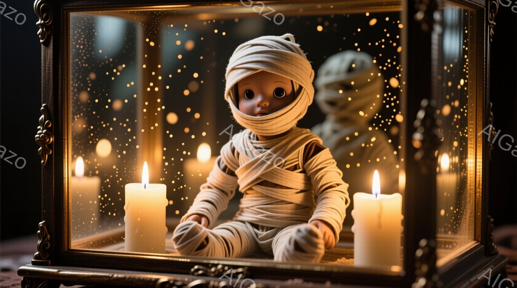 彫刻のような質感のベビー人形が、ミイラのように包帯で全身を覆われている。人形は座っており、無表情で前を見つめているが、その目は大きく、やや不気味さを感じさせる。背景には数本の蝋燭が灯り、キラキラと輝く - AI生成フリー素材