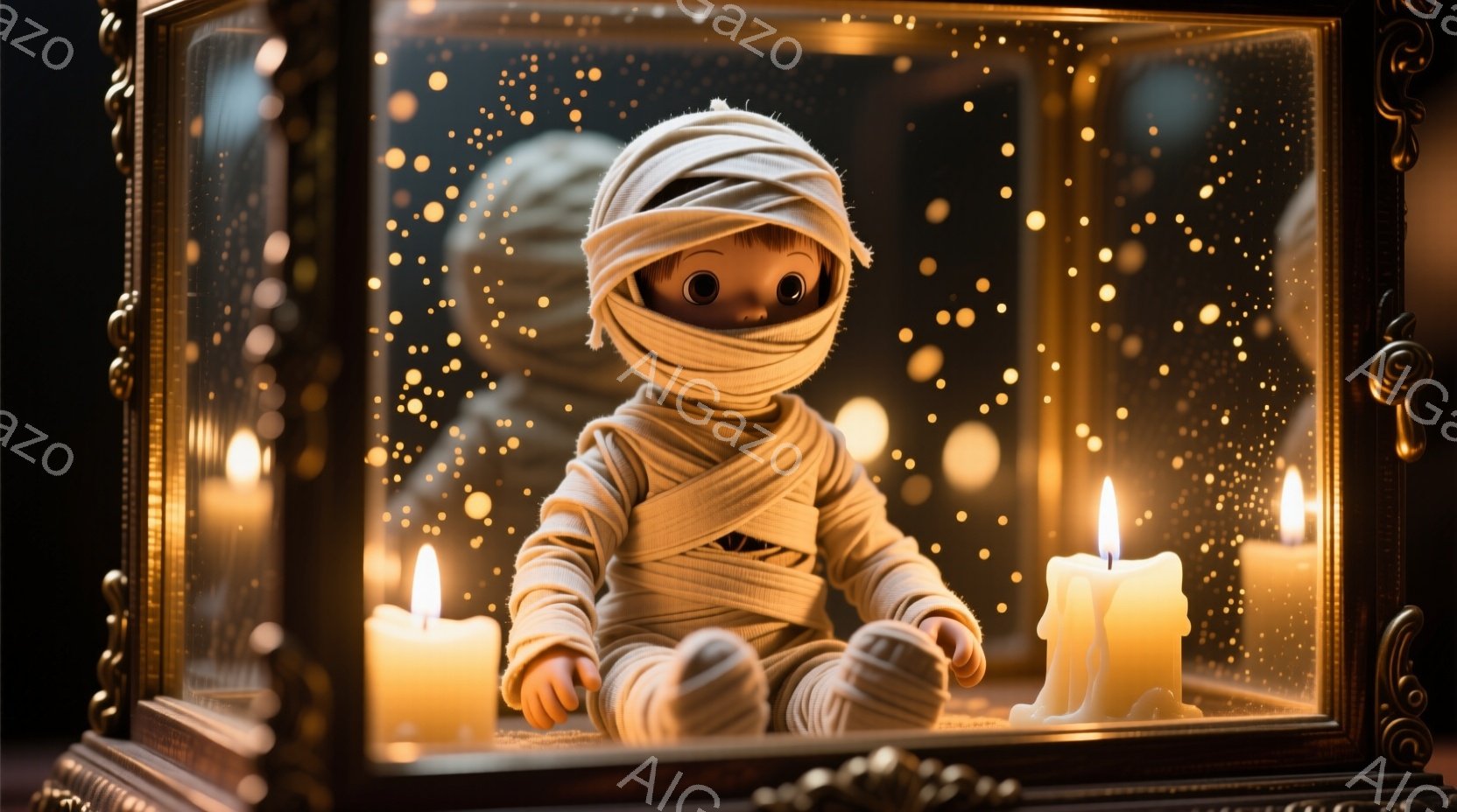 古い木製のフレームに飾られた人形が、ミイラの包帯で覆われています。人形は座っており、大きな丸い目で見つめています。背景にはぼんやりとした光の粒子があり、周りには灯された蝋燭が配置され、神秘的で幻想的な - AI生成フリー素材