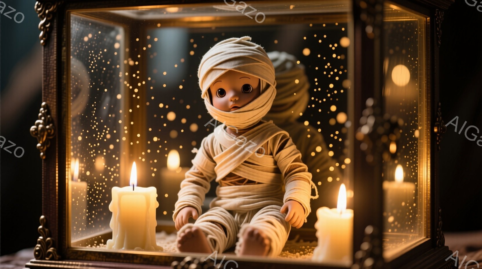 古びた額縁の中に、包帯でぐるぐる巻きにされた人形が座っています。人形は大きな目でじっと前を見つめており、少し不気味な雰囲気を醸し出しています。背景にはぼやけた光の粒子が舞い、周囲を囲むロウソクの光が、 - AI生成フリー素材