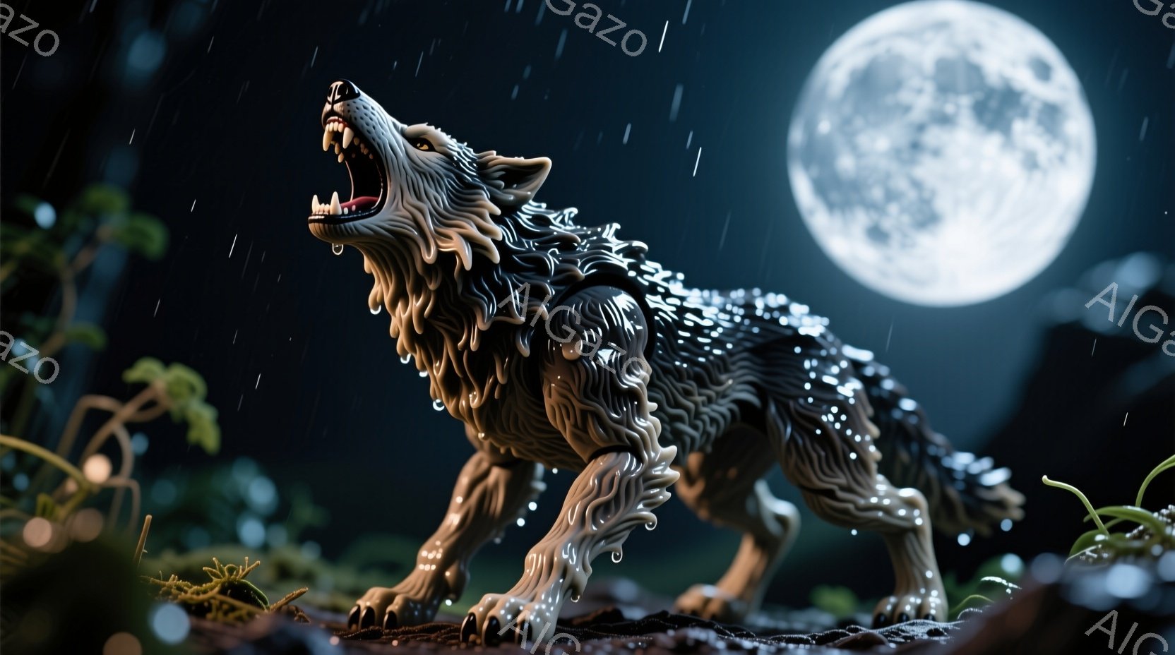 暗い森の中で、遠吠えをする狼が描かれています。狼は四つ足で立ち、口を開けて鋭い牙を見せ、力強い姿勢を見せています。背景には大きな満月が輝き、降り注ぐ雨と茂った植物が、神秘的で少し不気味な雰囲気を醸し出 - AI生成フリー素材